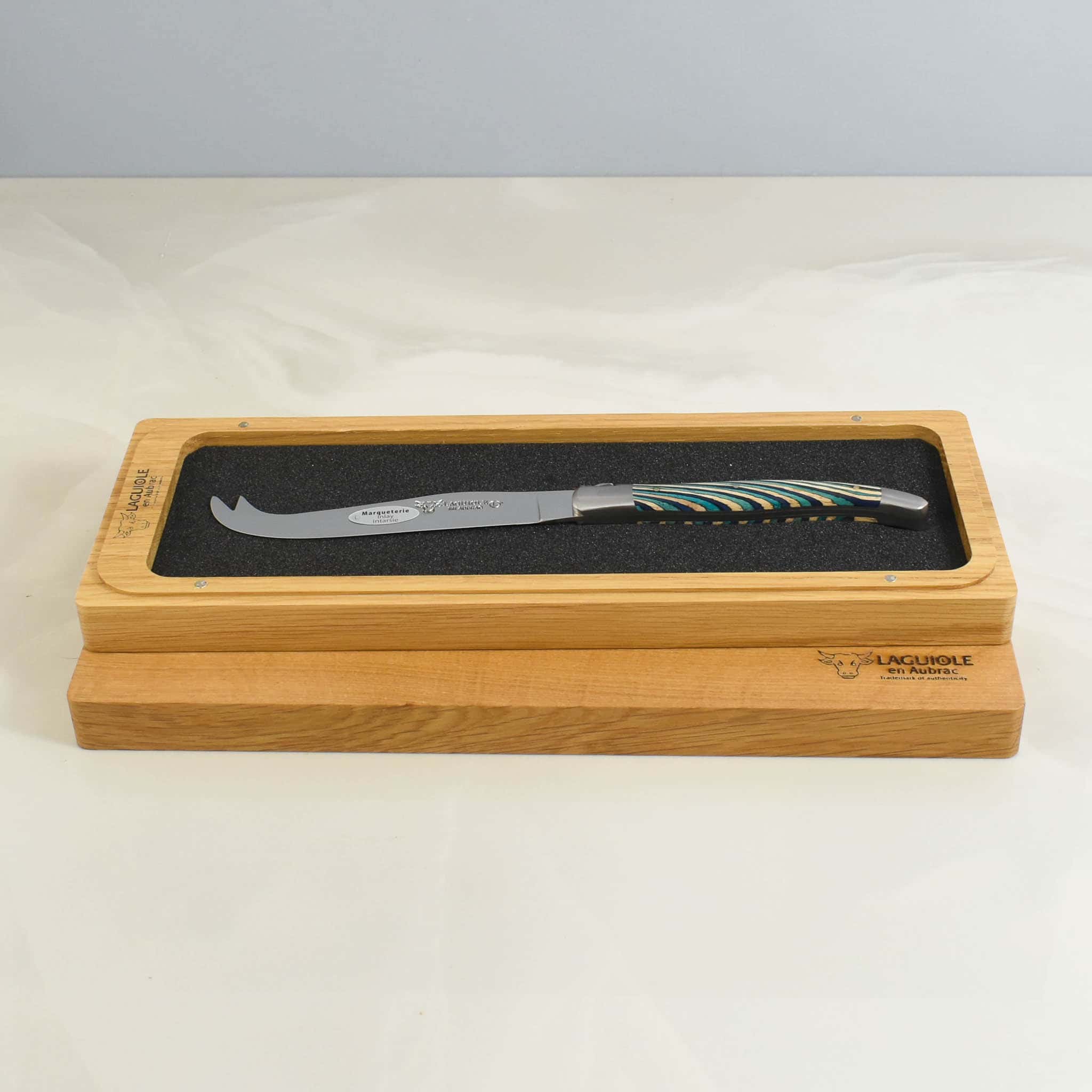 Laguiole en Aubrac Turquoise Soft Cheese Knife, Striped Wood