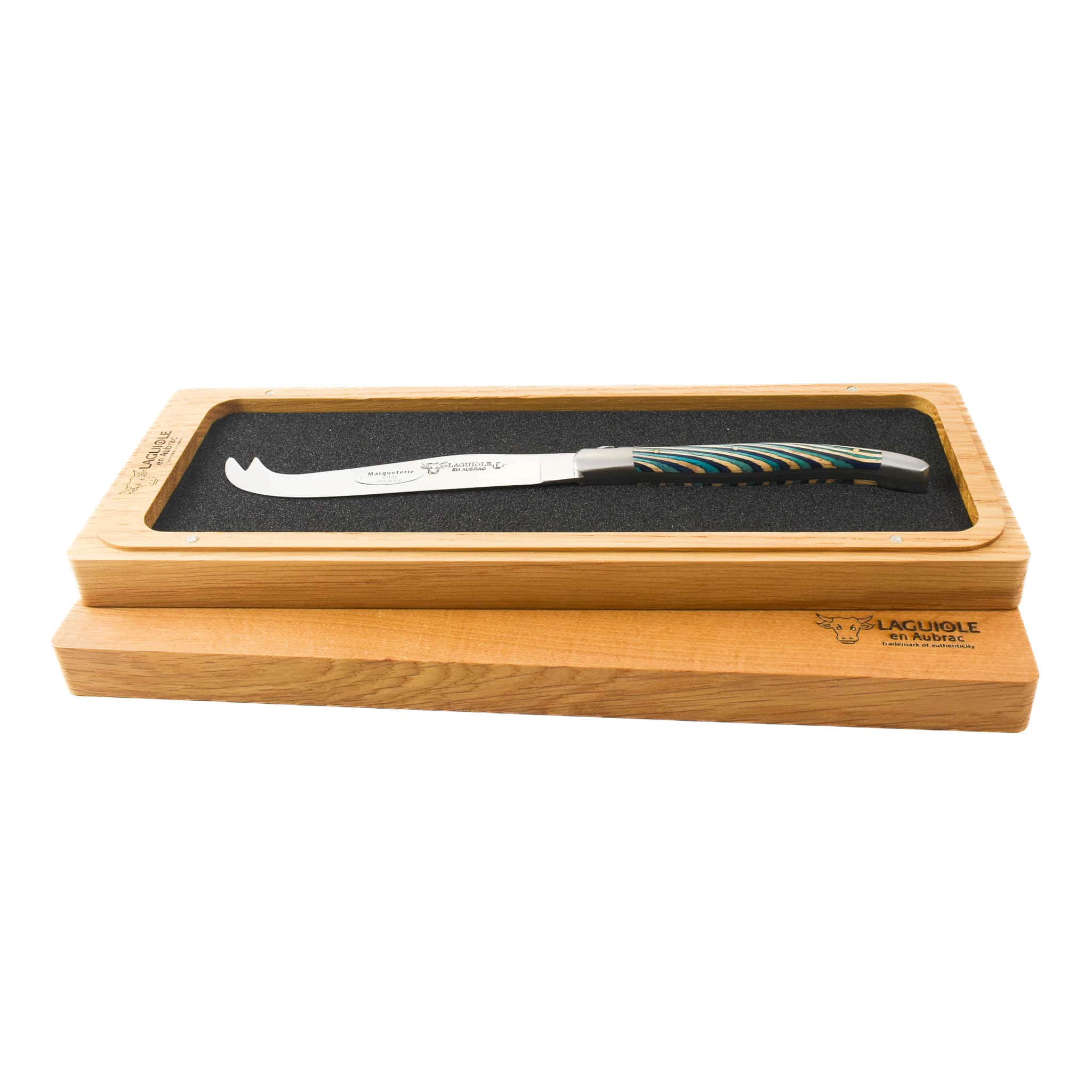 Laguiole en Aubrac Turquoise Soft Cheese Knife, Striped Wood