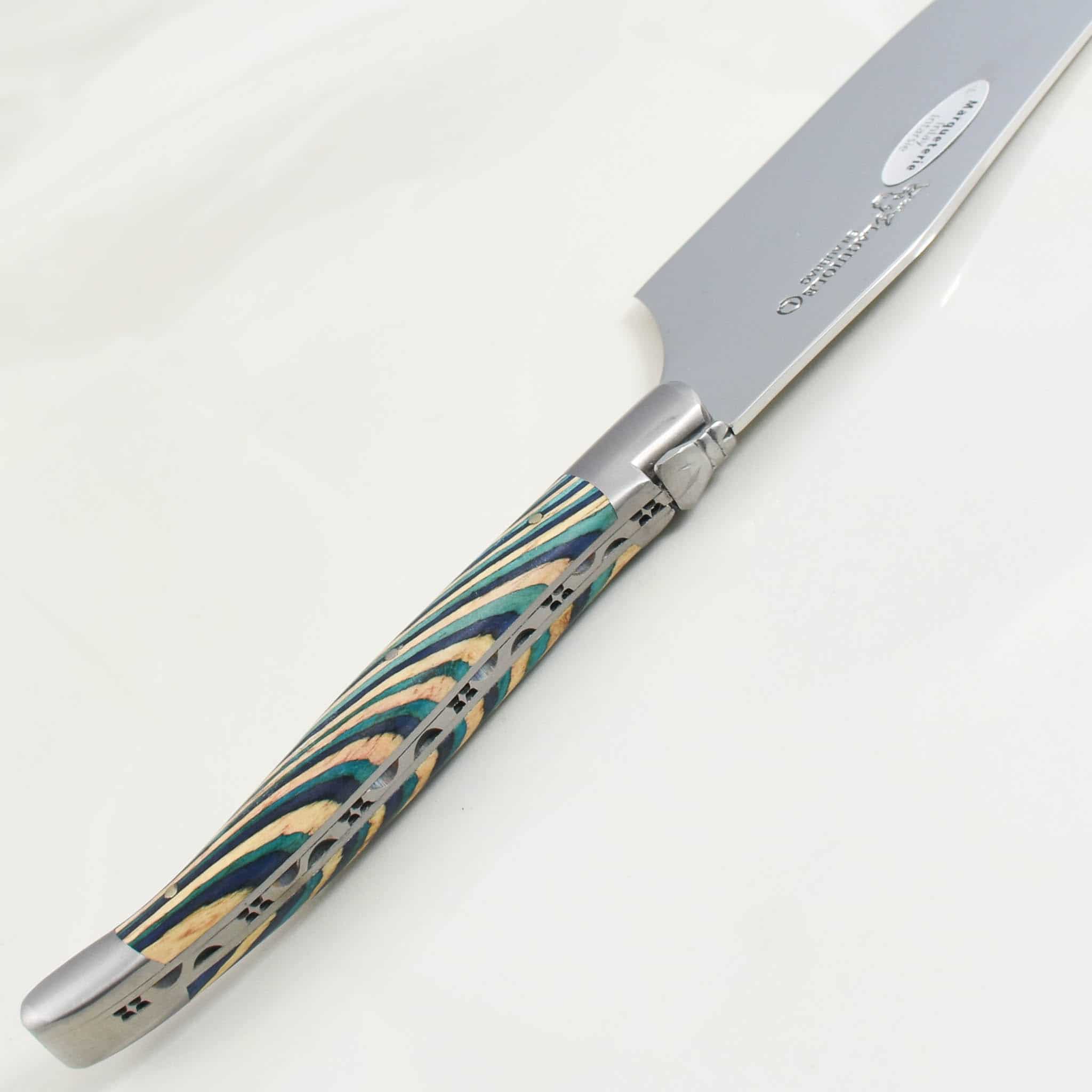 Laguiole en Aubrac Turquoise Hard Cheese Knife, Striped Wood