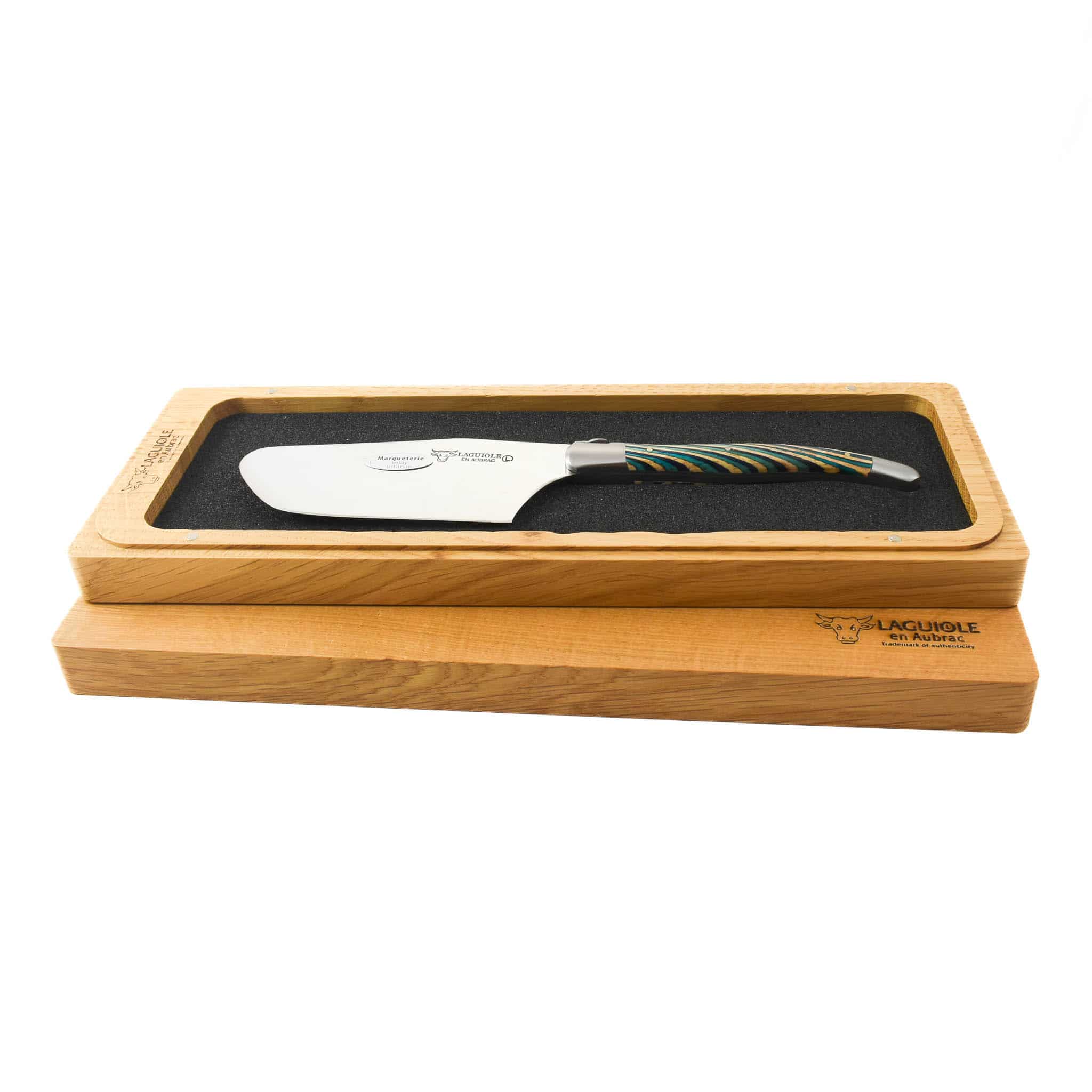 Laguiole en Aubrac Turquoise Hard Cheese Knife, Striped Wood