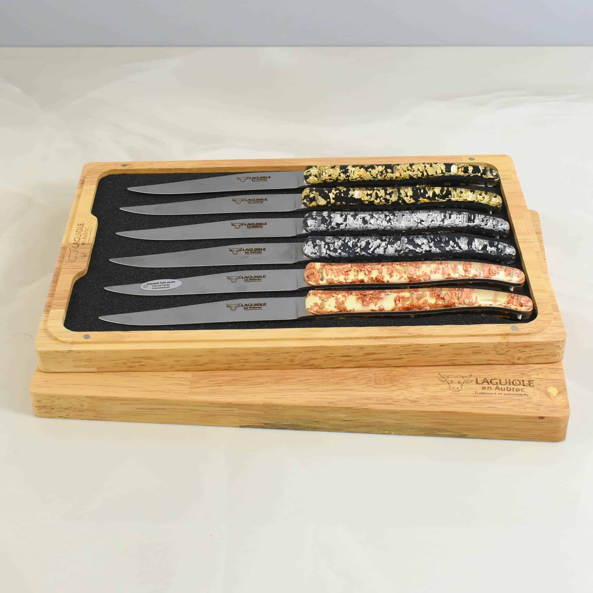 Laguiole en Aubrac Set of 6 Gold, Silver & Bronze Steak Knives