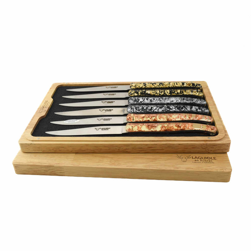 Laguiole en Aubrac Set of 6 Gold, Silver & Bronze Steak Knives