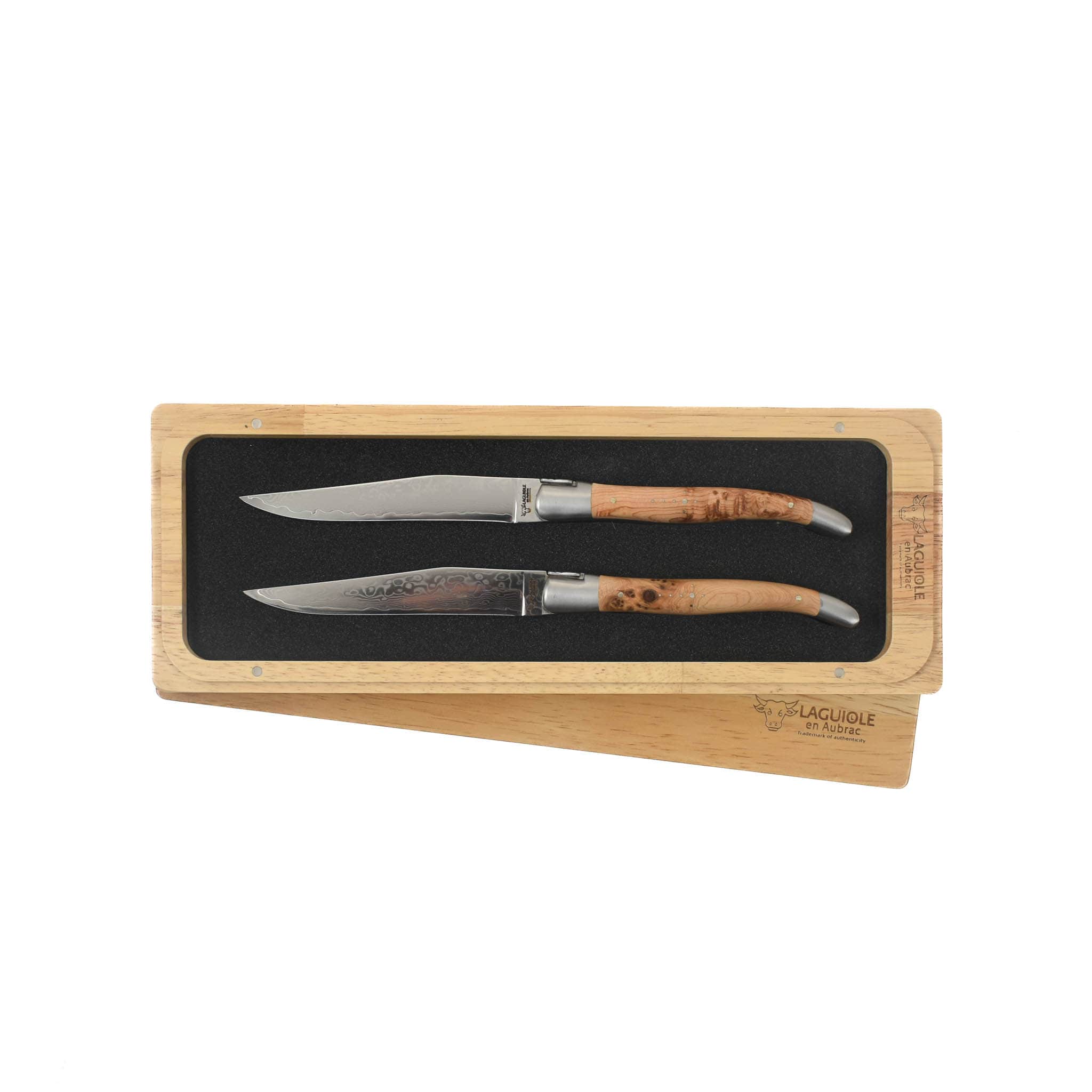 Laguiole en Aubrac Set of 2 Damascus Steel Steak Knives, Juniper