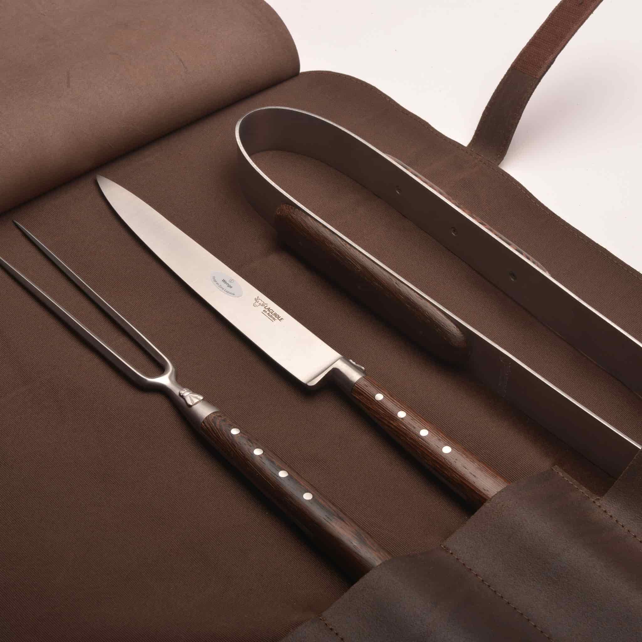 Laguiole en Aubrac BBQ Set with Leather Roll | Buy online UK