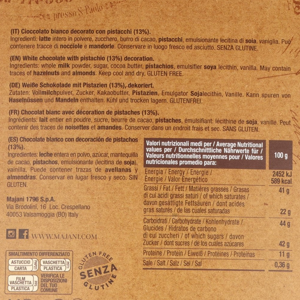 Majani Golosa White Chocolate Bar with Pistachios, 115g
