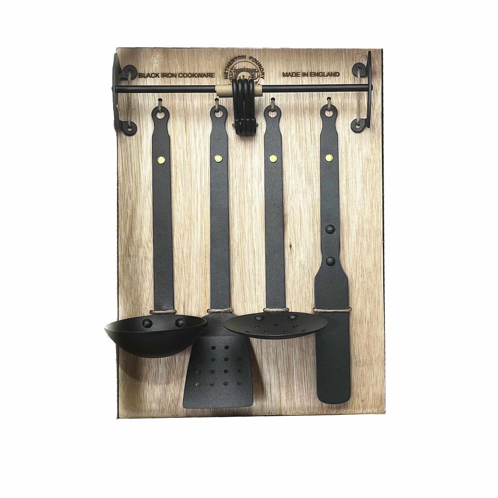 Netherton Foundry 4 Piece Iron Utensil Set on Wooden Board with Rail