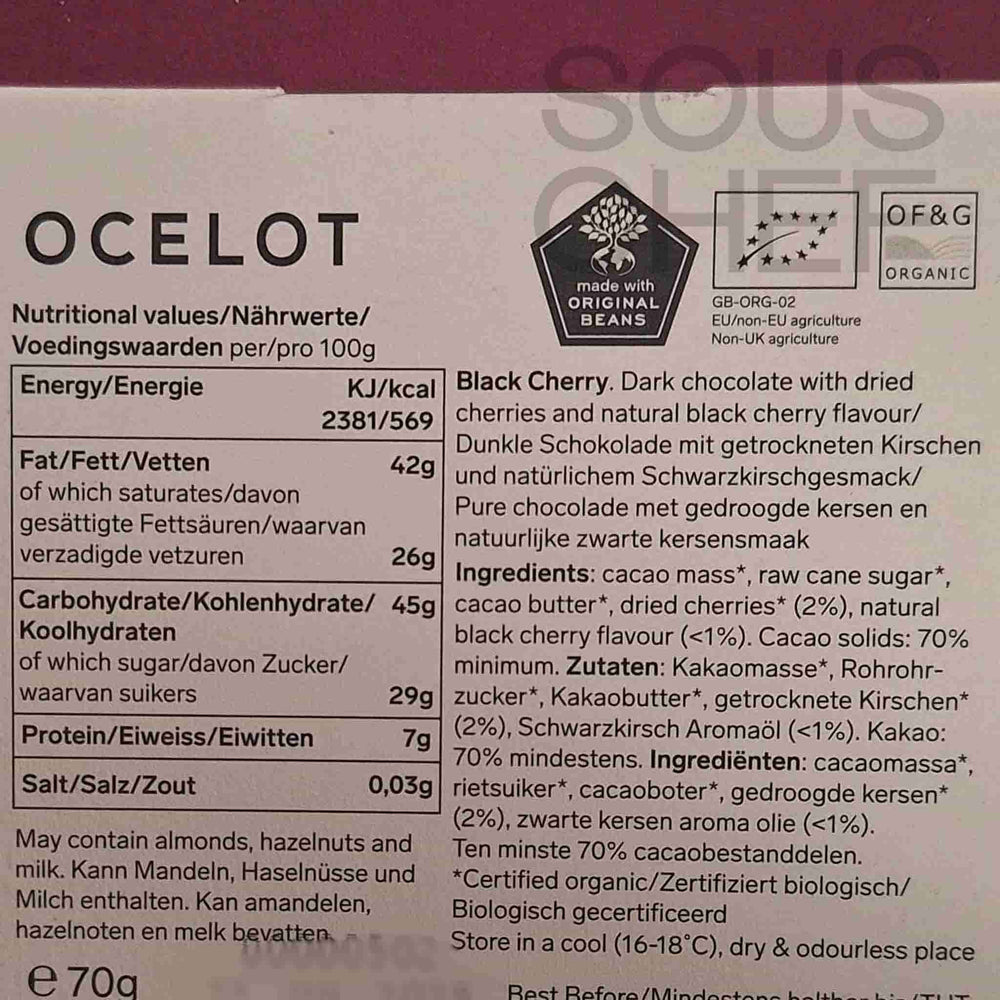 Ocelot Organic Dark Chocolate & Black Cherry Chocolate Bar, 70g