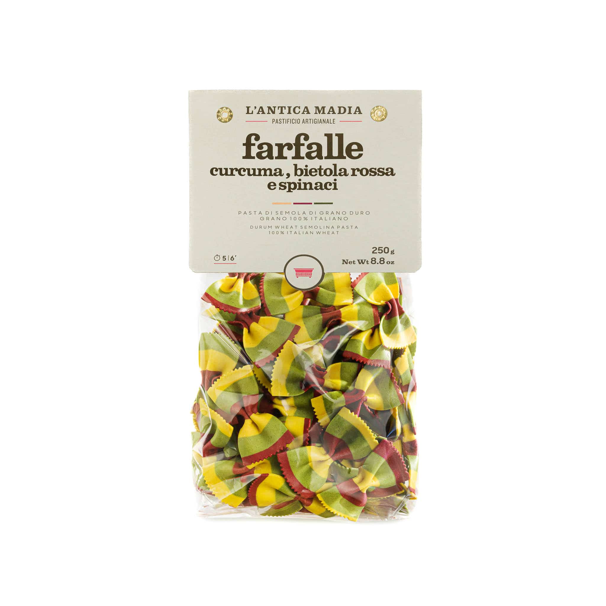 Pasta L'Antica Striped Farfalle with Turmeric, Beetroot & Spinach, 250g