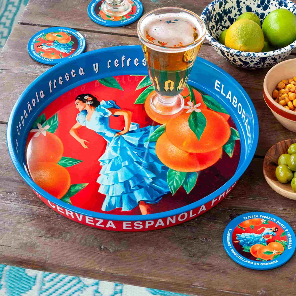 Vintage Inspired Cerveza Espanola Round Metal Serving Tray, 31cm