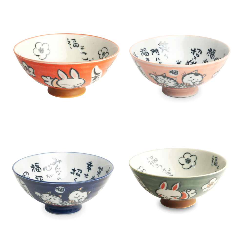 Set of 4 Japanese Cat & Rabbit Rice Bowls, 14cm