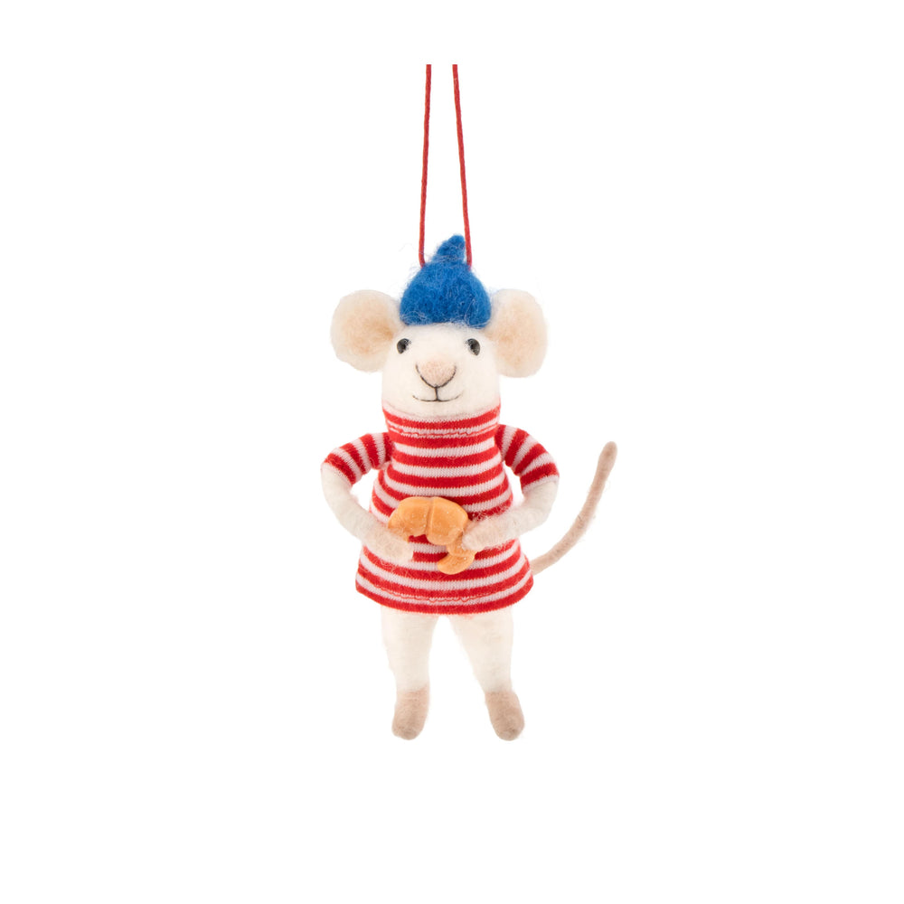 French Mouse with Croissant Felt Tree Decoration