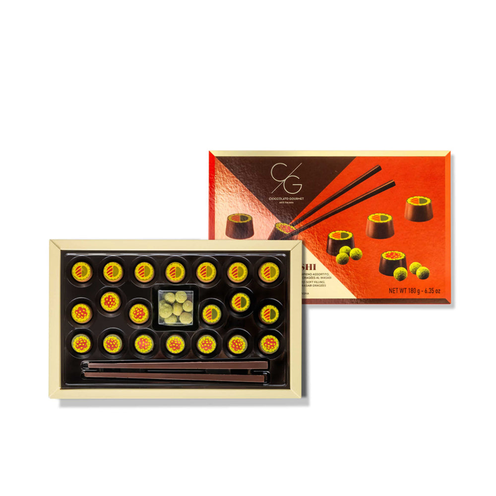 Sushi Shaped Chocolate Pralines with Cream Filling and Wasabi Dragees, 180g