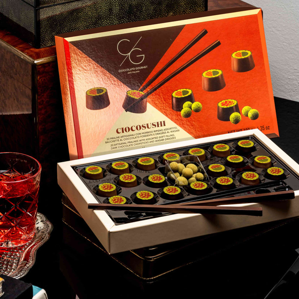 Sushi Shaped Chocolate Pralines with Cream Filling and Wasabi Dragees, 180g