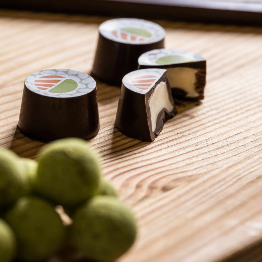 Sushi Shaped Chocolate Pralines with Cream Filling and Wasabi Dragees, 180g