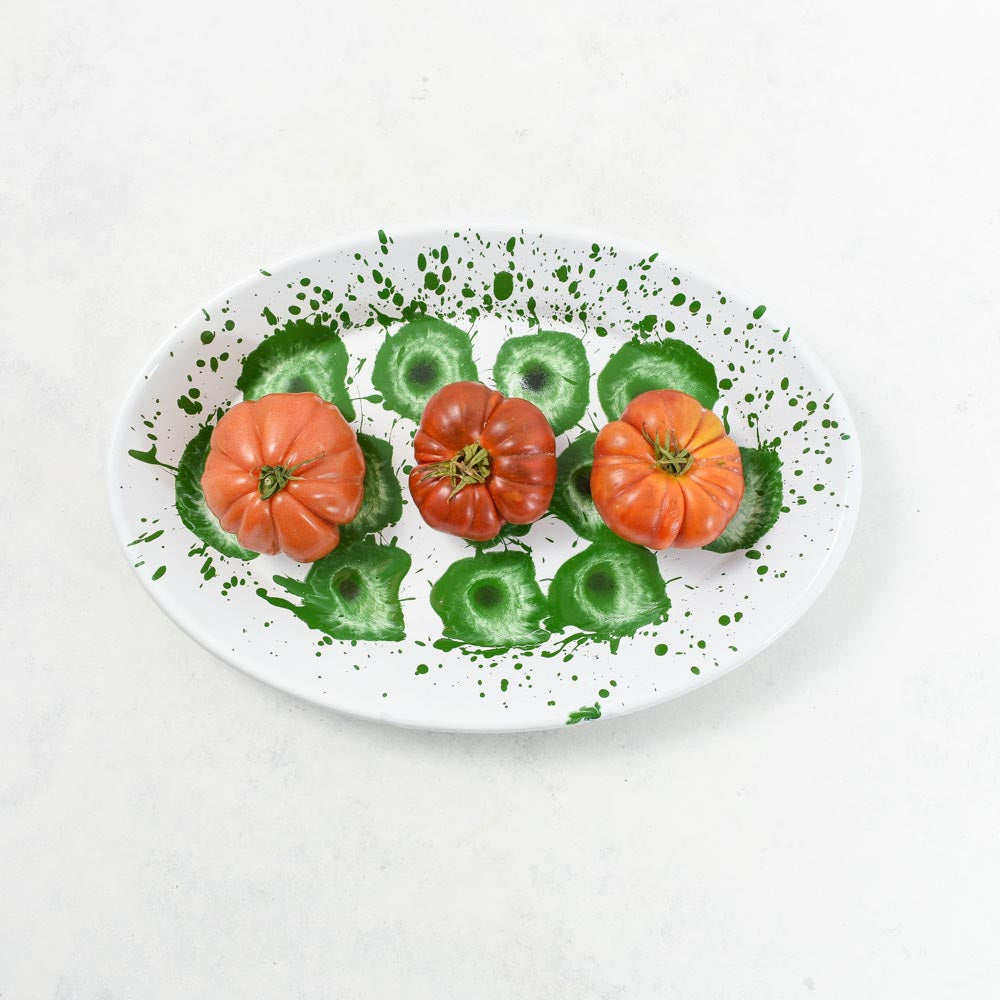 Splatter Madness Enamel Oval Serving Plate, Green, 31cm