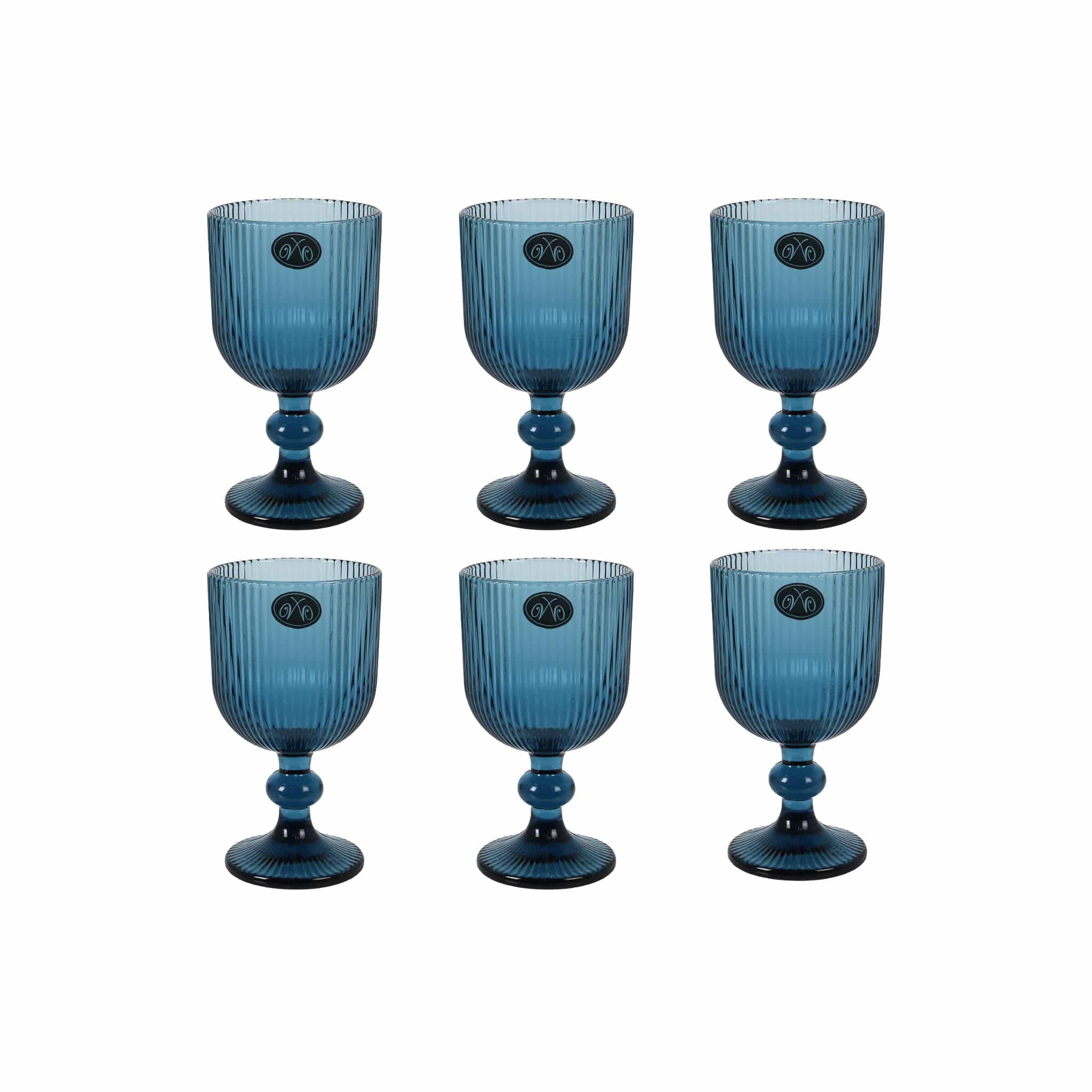Set of 6 Ribbed Blue Wine Glasses, 255ml