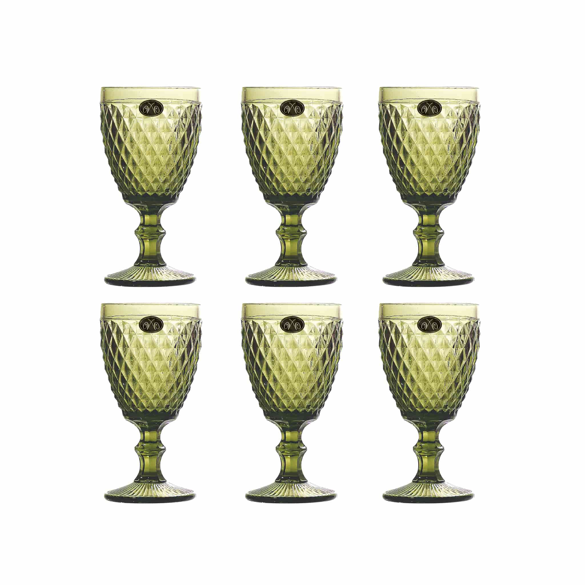 Set of 6 Green Diamond Wine Glasses, 350ml
