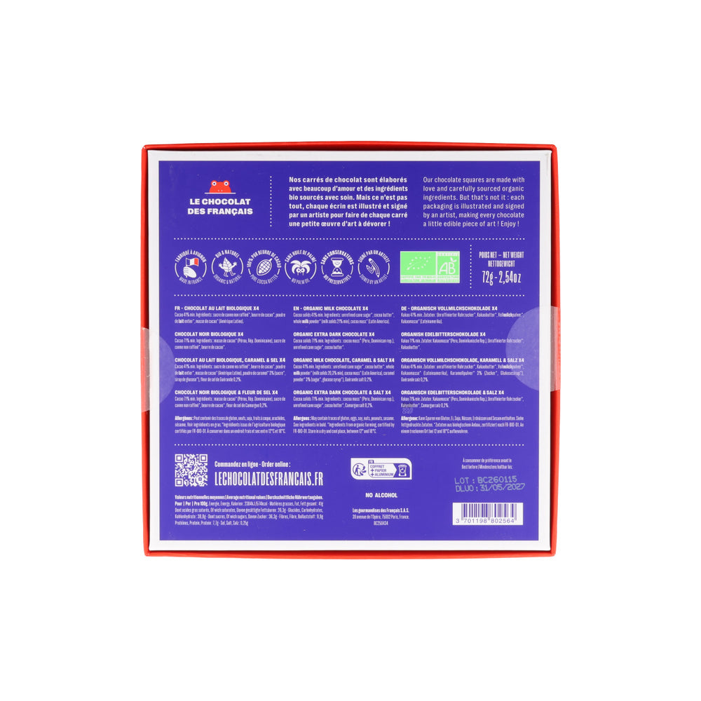 Le Chocolat des Francais 16 Piece Art Design Organic Chocolate Squares, 80g
