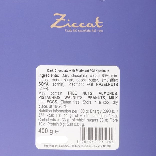 Ziccat Large Hazelnut Dark Chocolate Bar, 400g