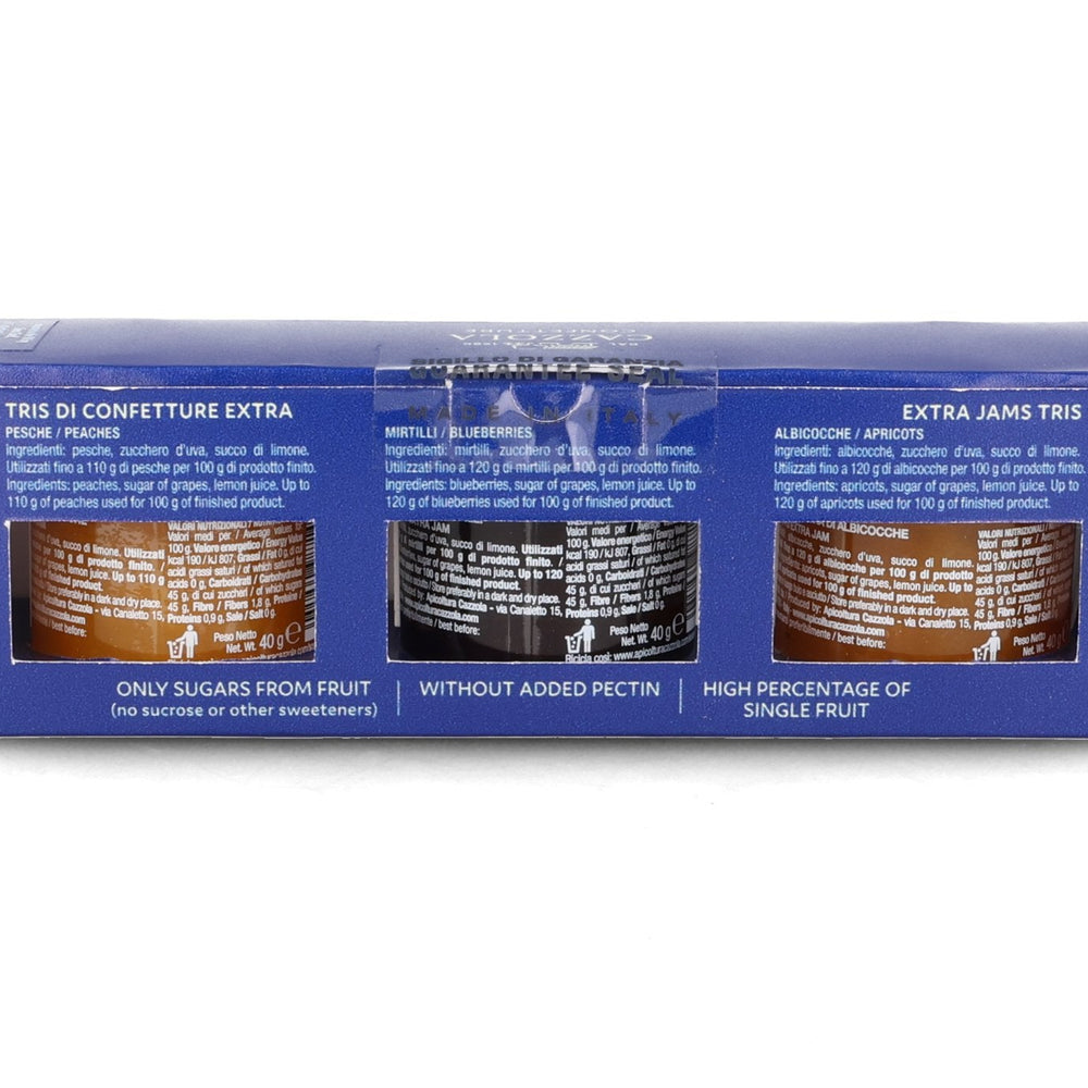 Apicoltura Cazzola Apricot, Blueberry & Peach Jam Trio, 3 x 40g
