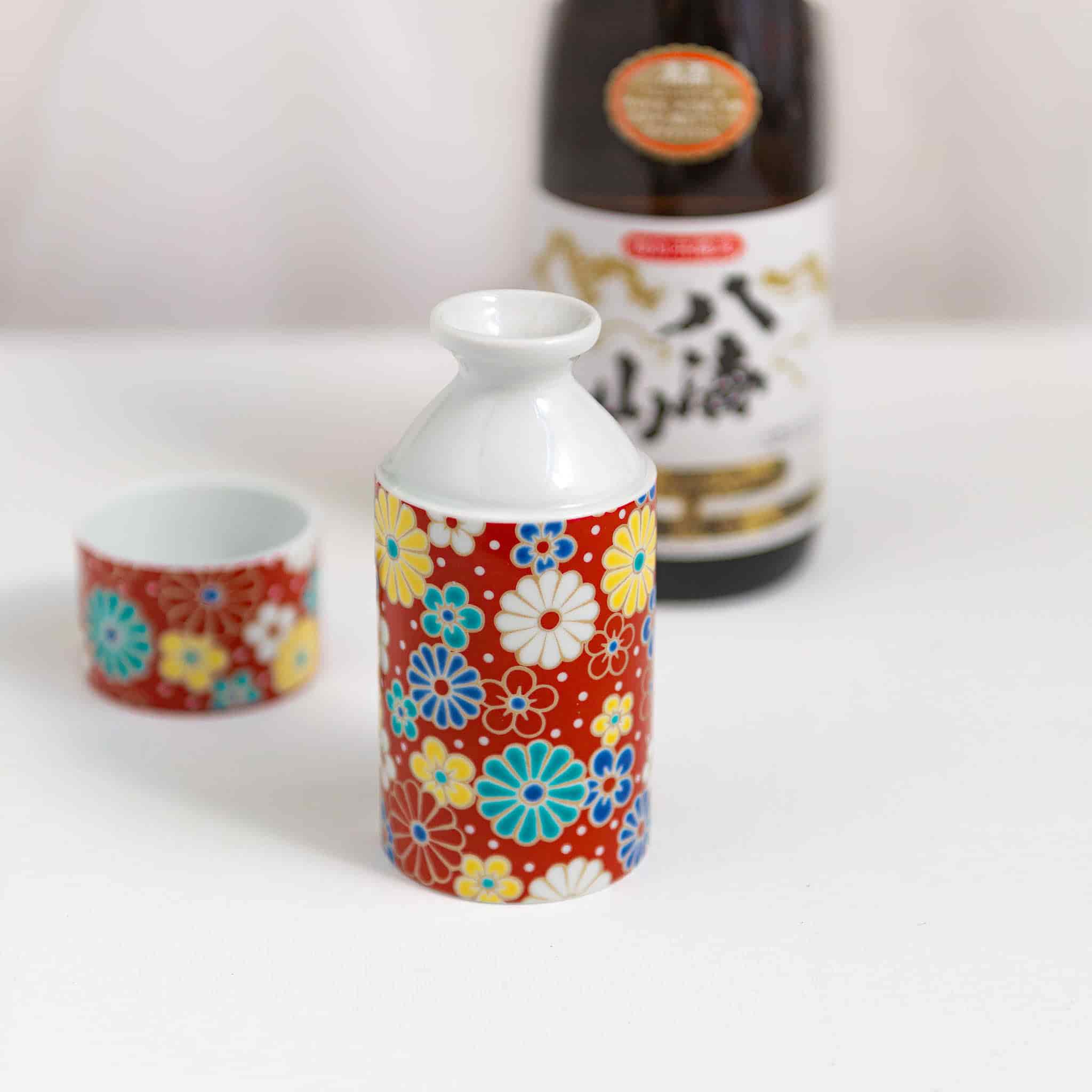 Seikou Porcelain Red Floral Sake Jug and Cup