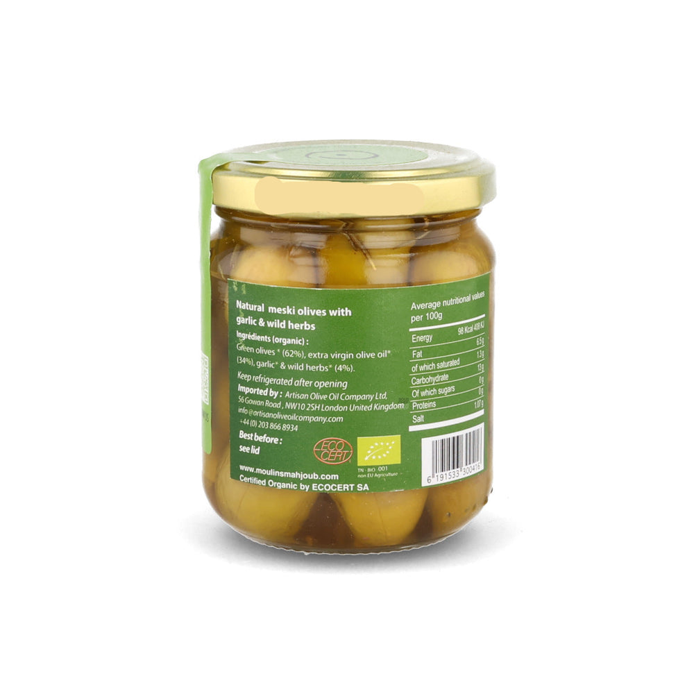 Moulins Mahjoub Organic Meski Olives with Garlic & Wild Herbs, 200g