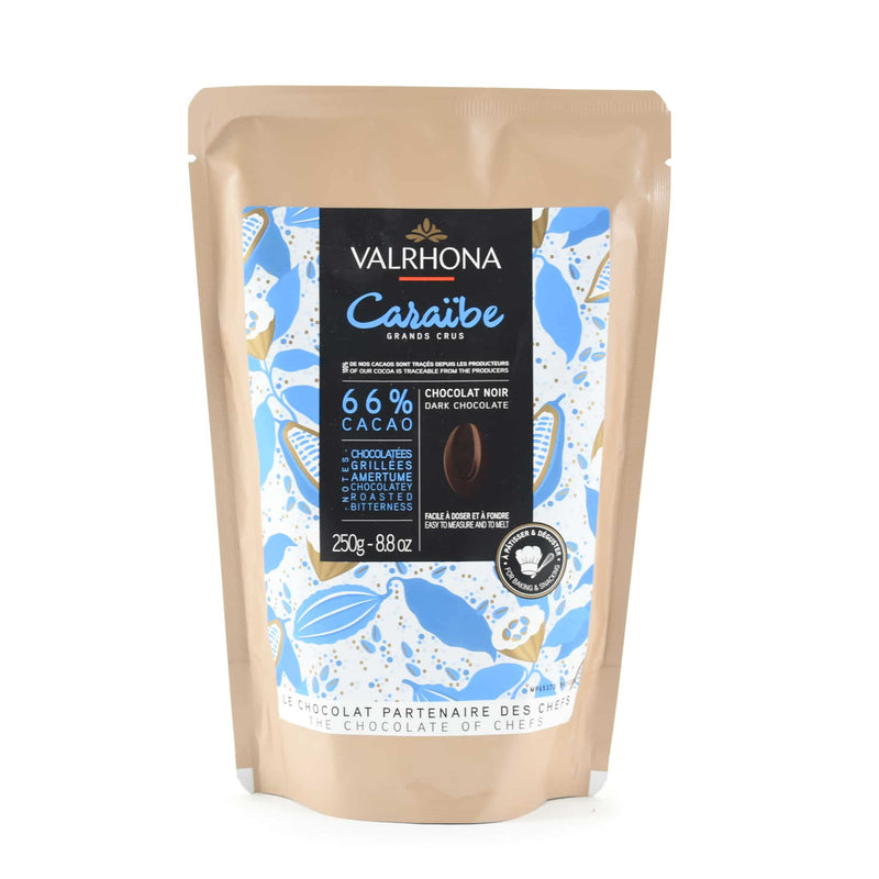 Valrhona Caraibe 66% Dark Chocolate Chips 250g packaging