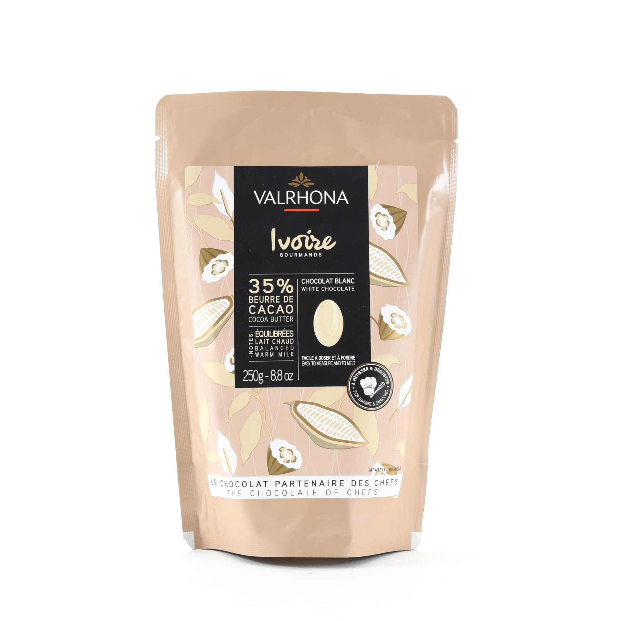 Valrhona Ivoire White Chocolate Chips 250g packaging front