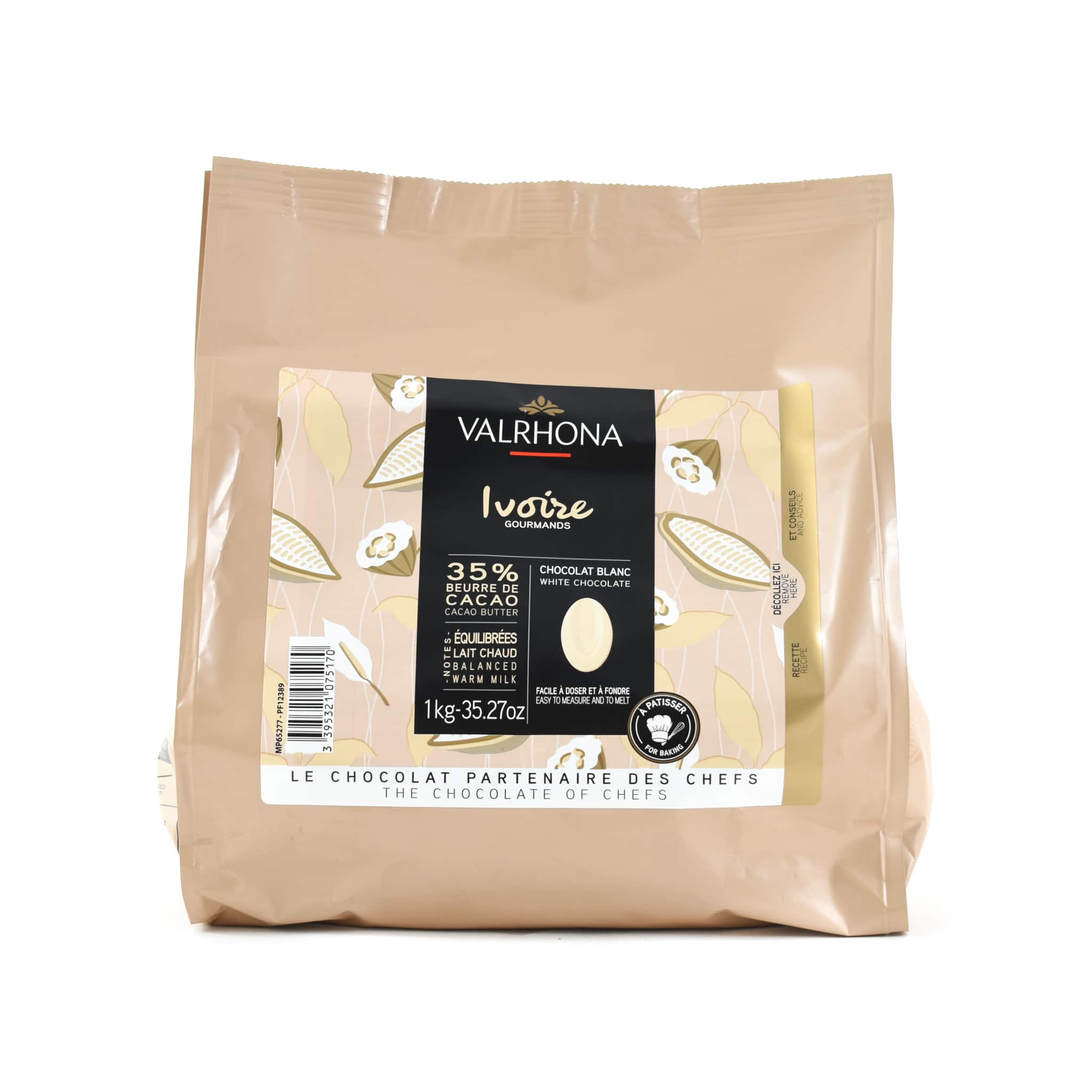 Valrhona Ivoire White Chocolate Chips 1kg packaging front