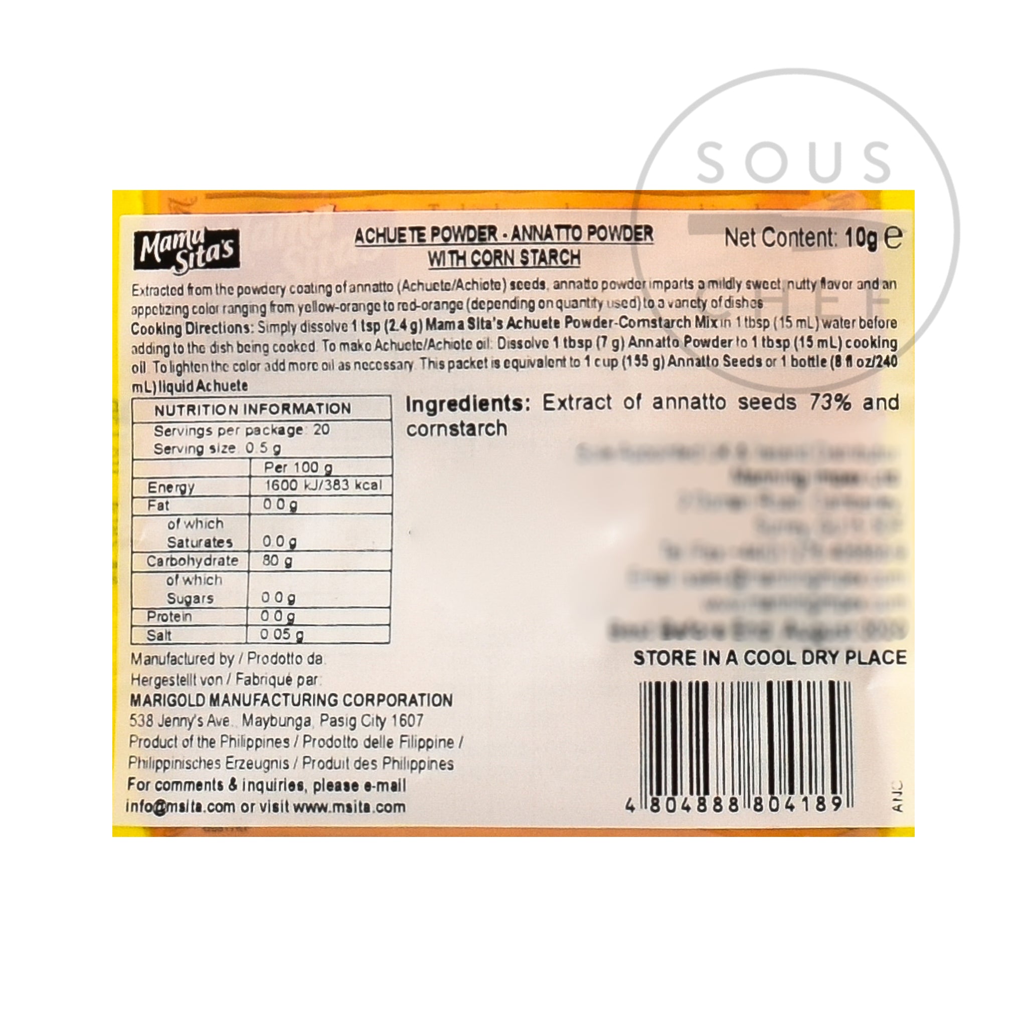 Sous Chef Achiote / Annatto Powder 10g Ingredients Seasonings ingredients nutritional information