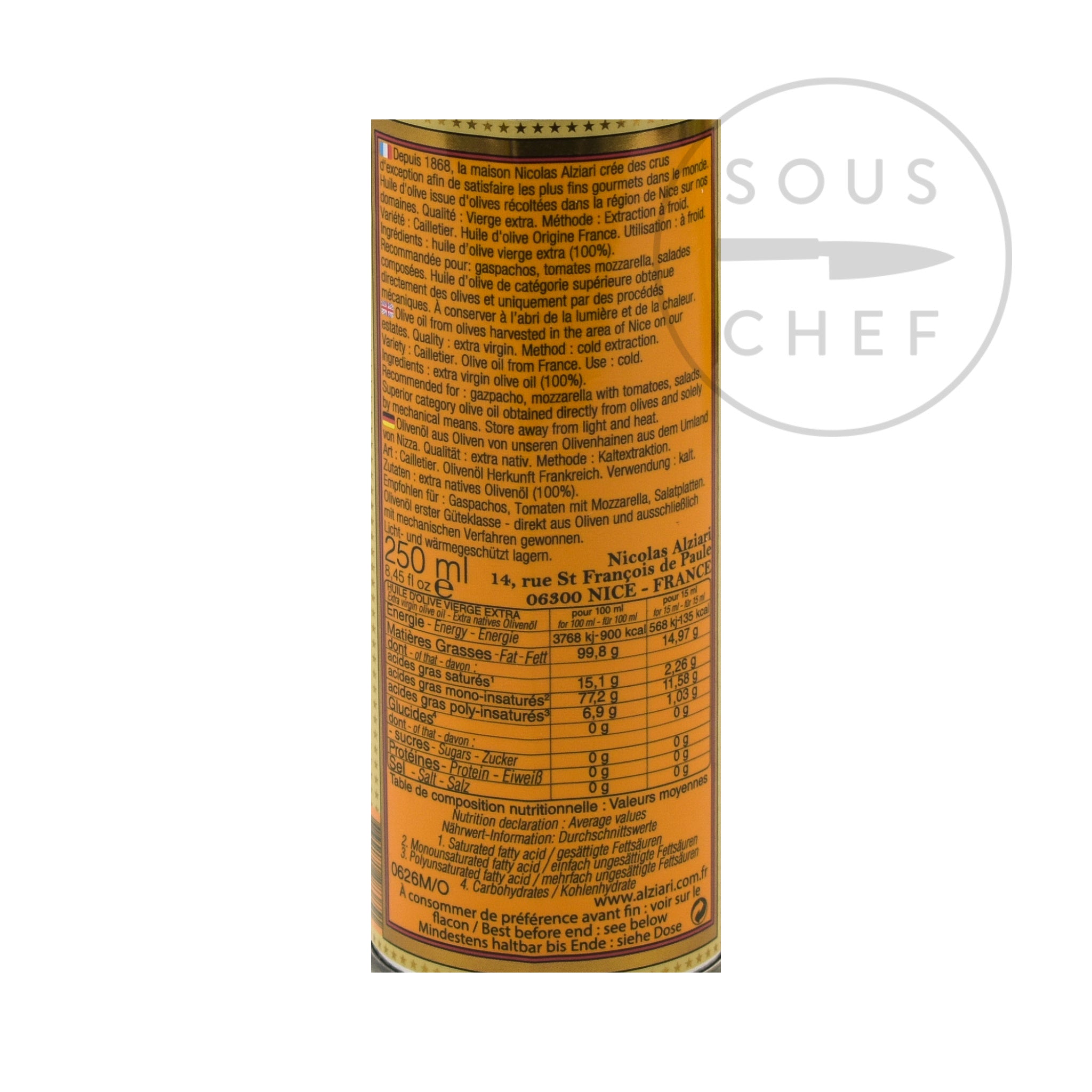 Nicolas Alziari DOP 'Cuvee Cesar' Olive Oil from Provence 250ml Ingredients Nutritional Information