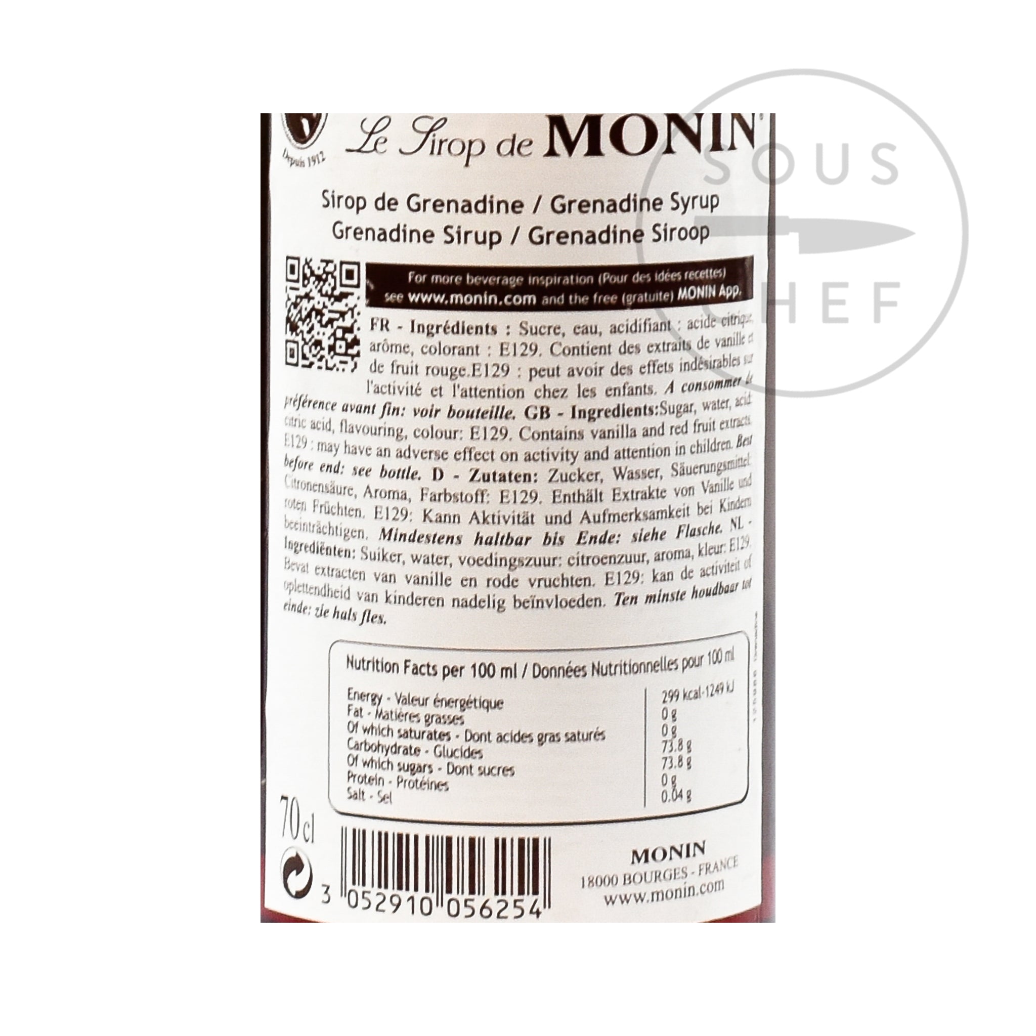 Monin Grenadine Syrup 70cl nutritional information ingredients