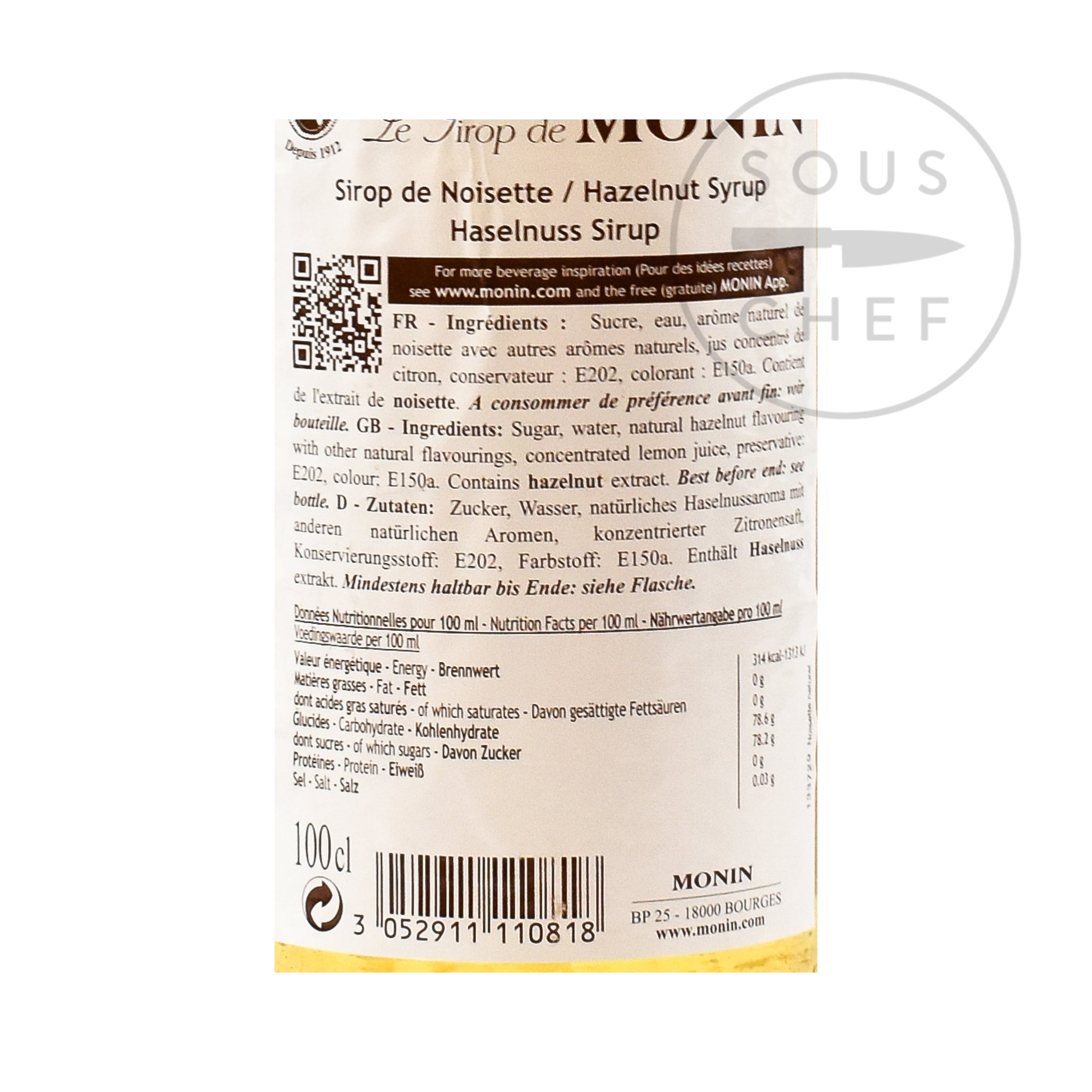 Monin Hazelnut Syrup 1 litre nutritional information ingredients