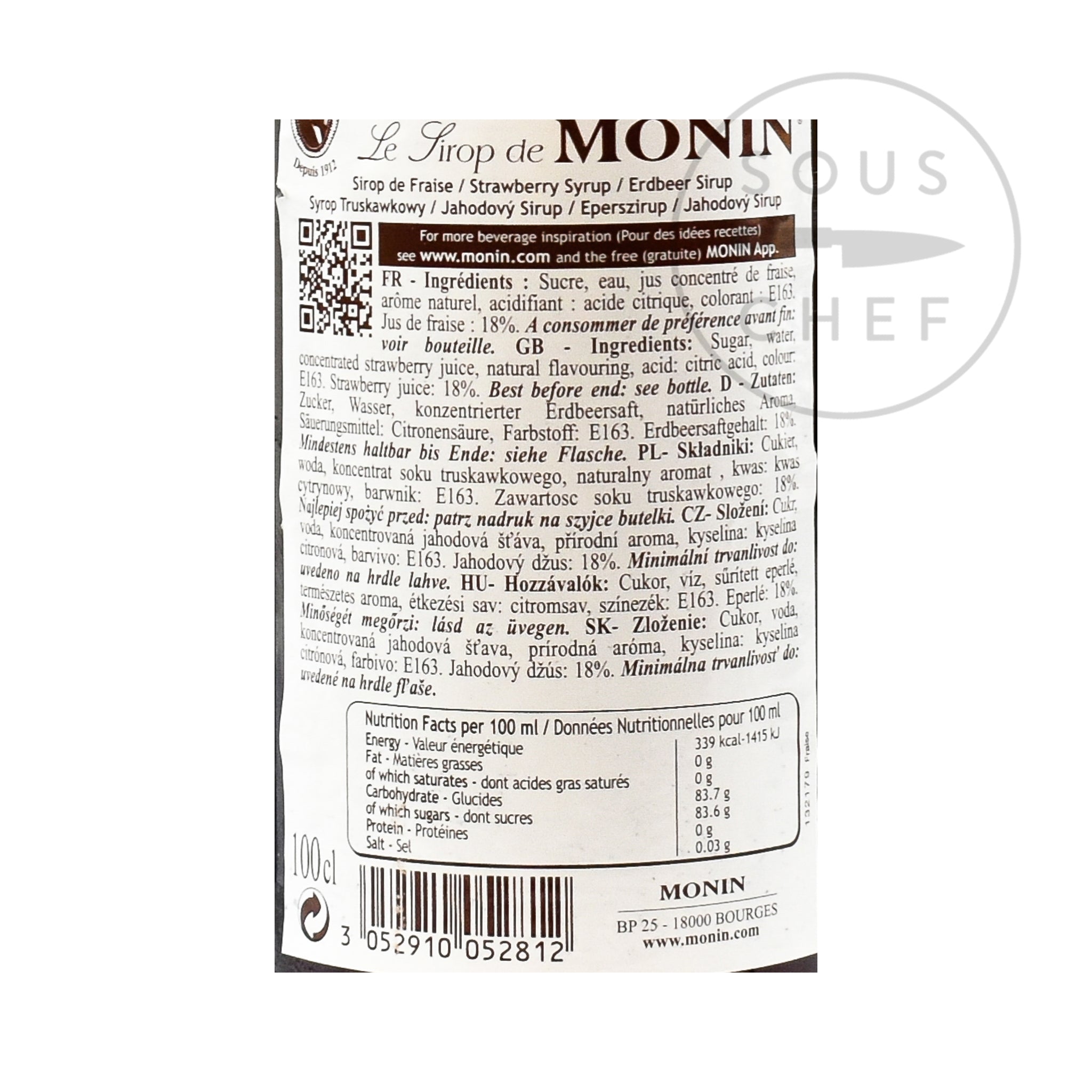 Monin Strawberry Syrup 1 ltr 1 litre nutritional information ingredients