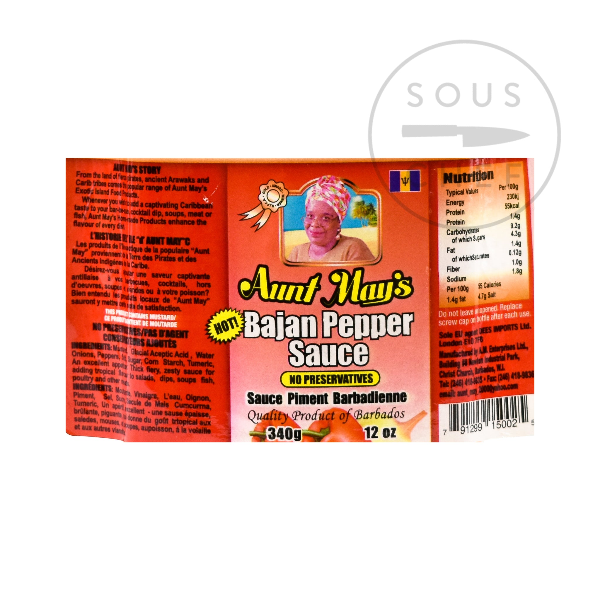 Aunt May's Bajan Pepper Sauce 340g nutritional information ingredients