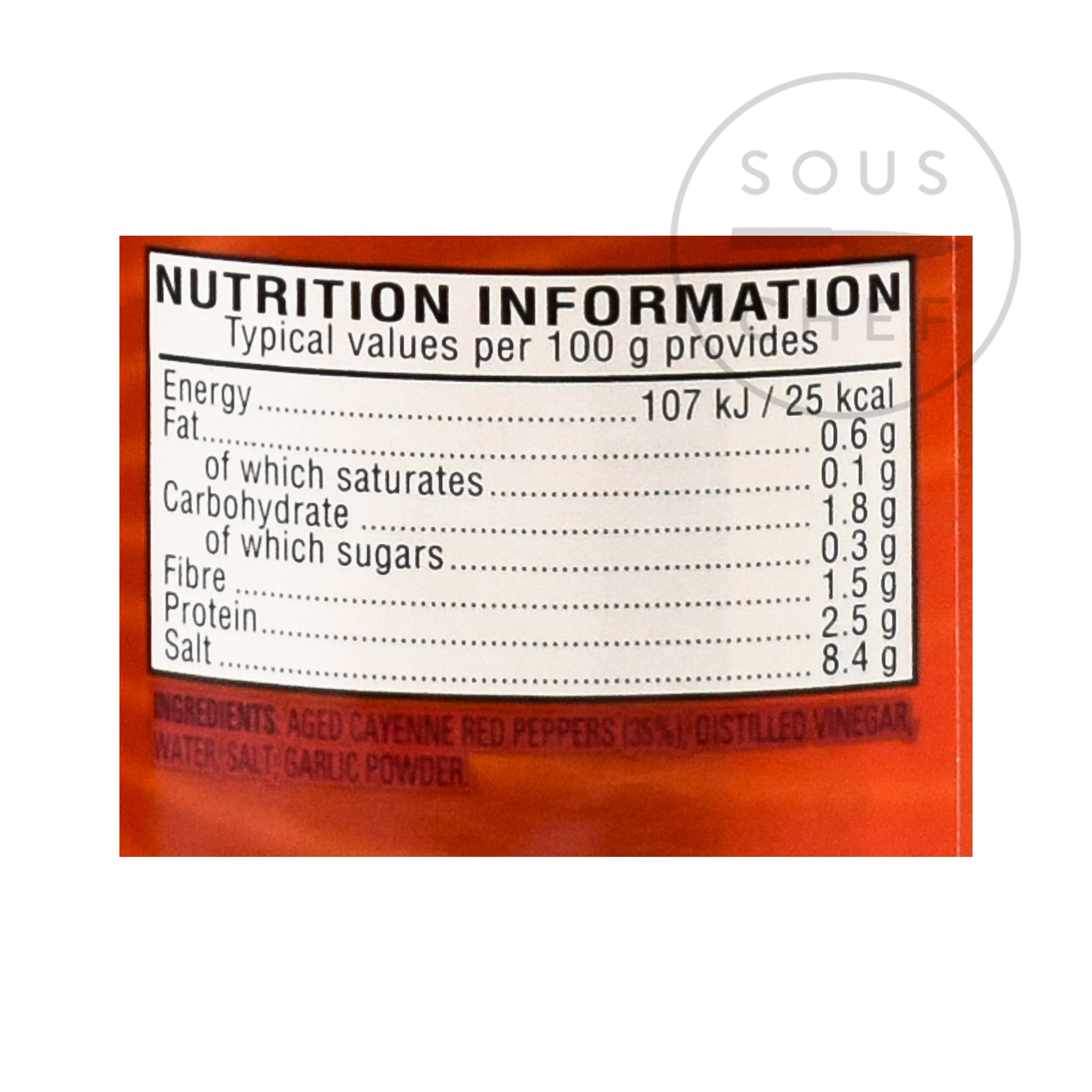 Frank's Red Hot Original Pepper Sauce 354ml nutritional information ingredients