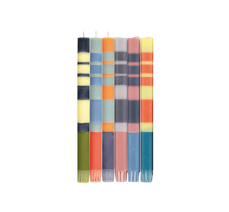 Set of 6 Striped Dinner Candles - Warm Tones, Multicolour