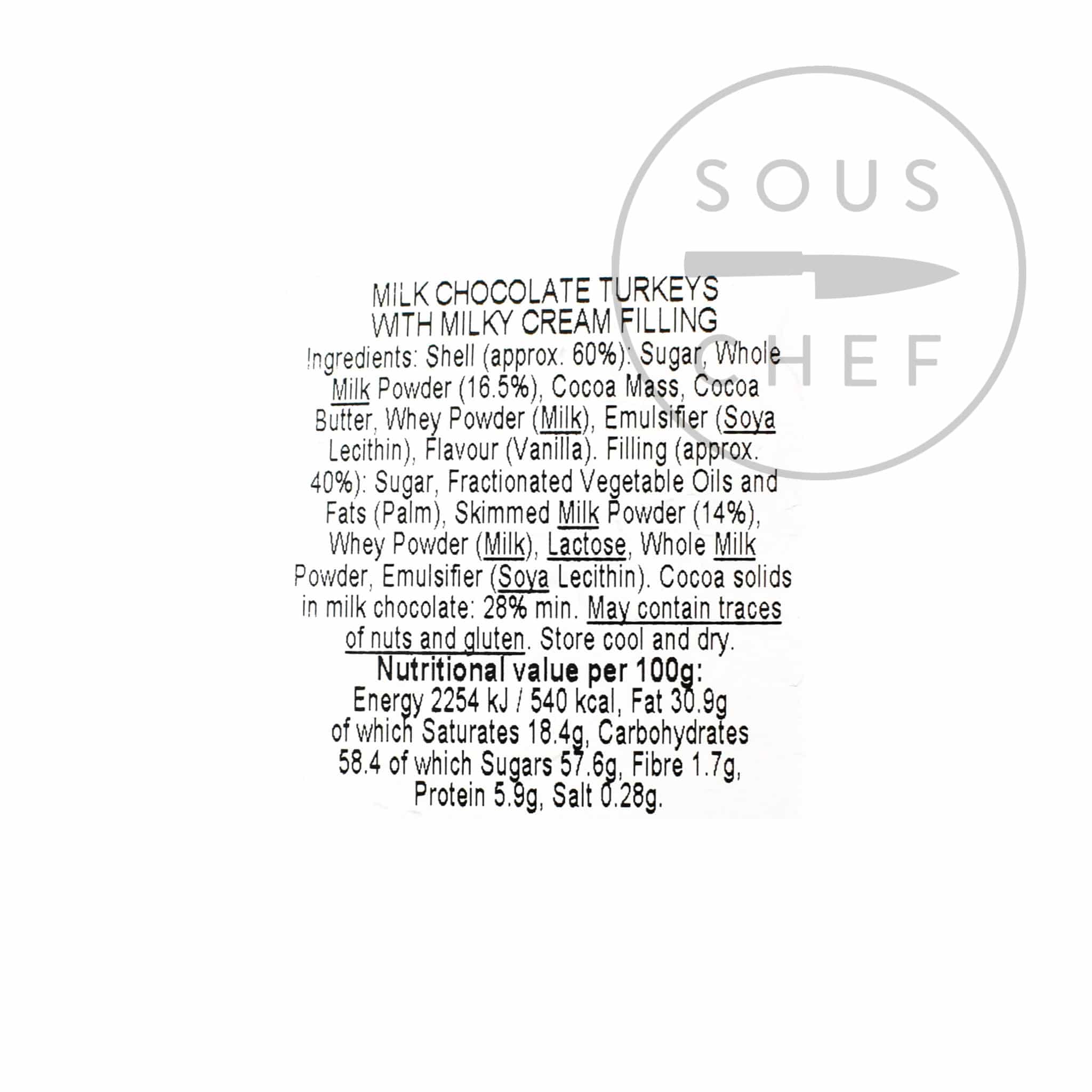 Milk Chocolate Turkeys with Milky Cream filling 100g back of package