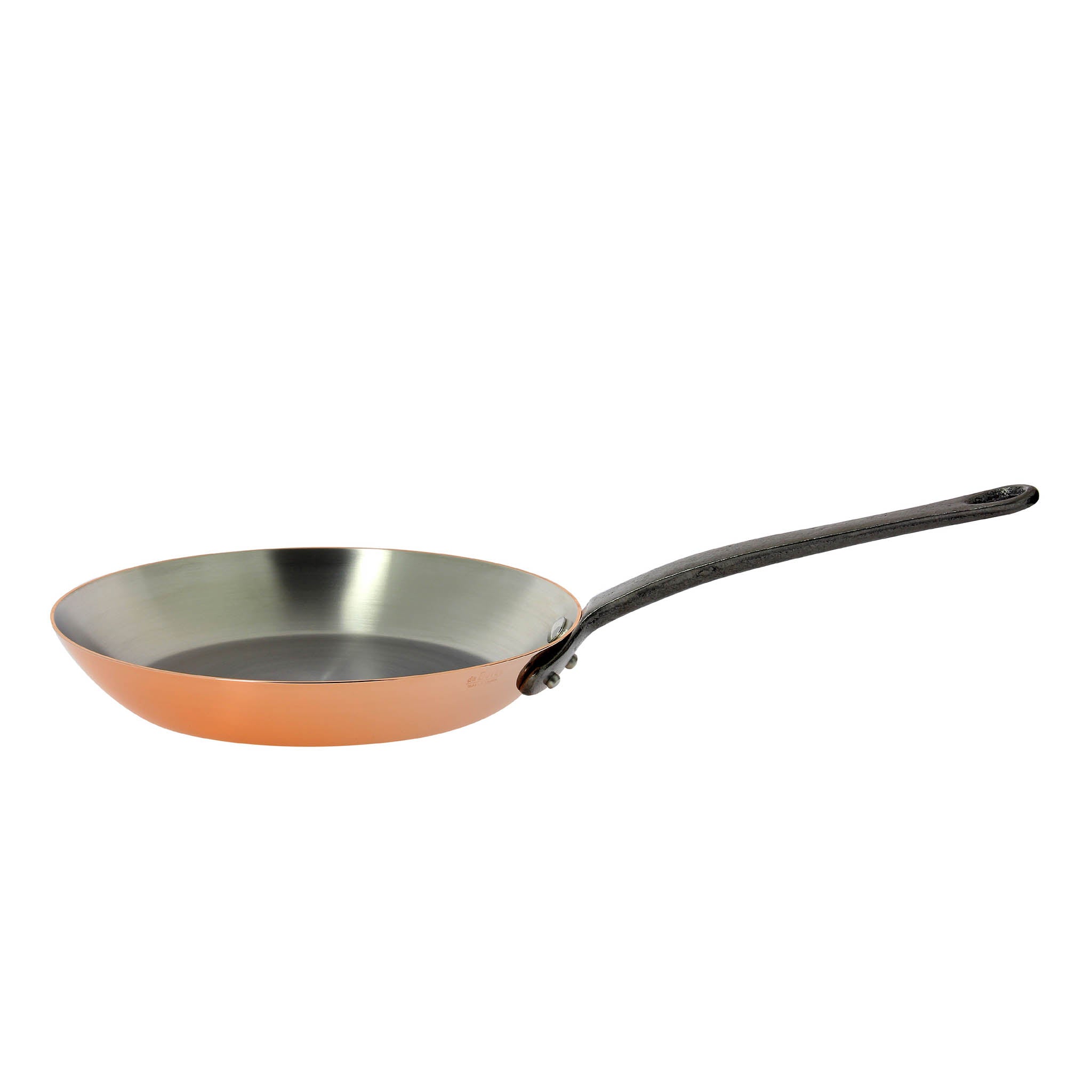 A copper frying pan with a stainless lining and a cast iron handle.