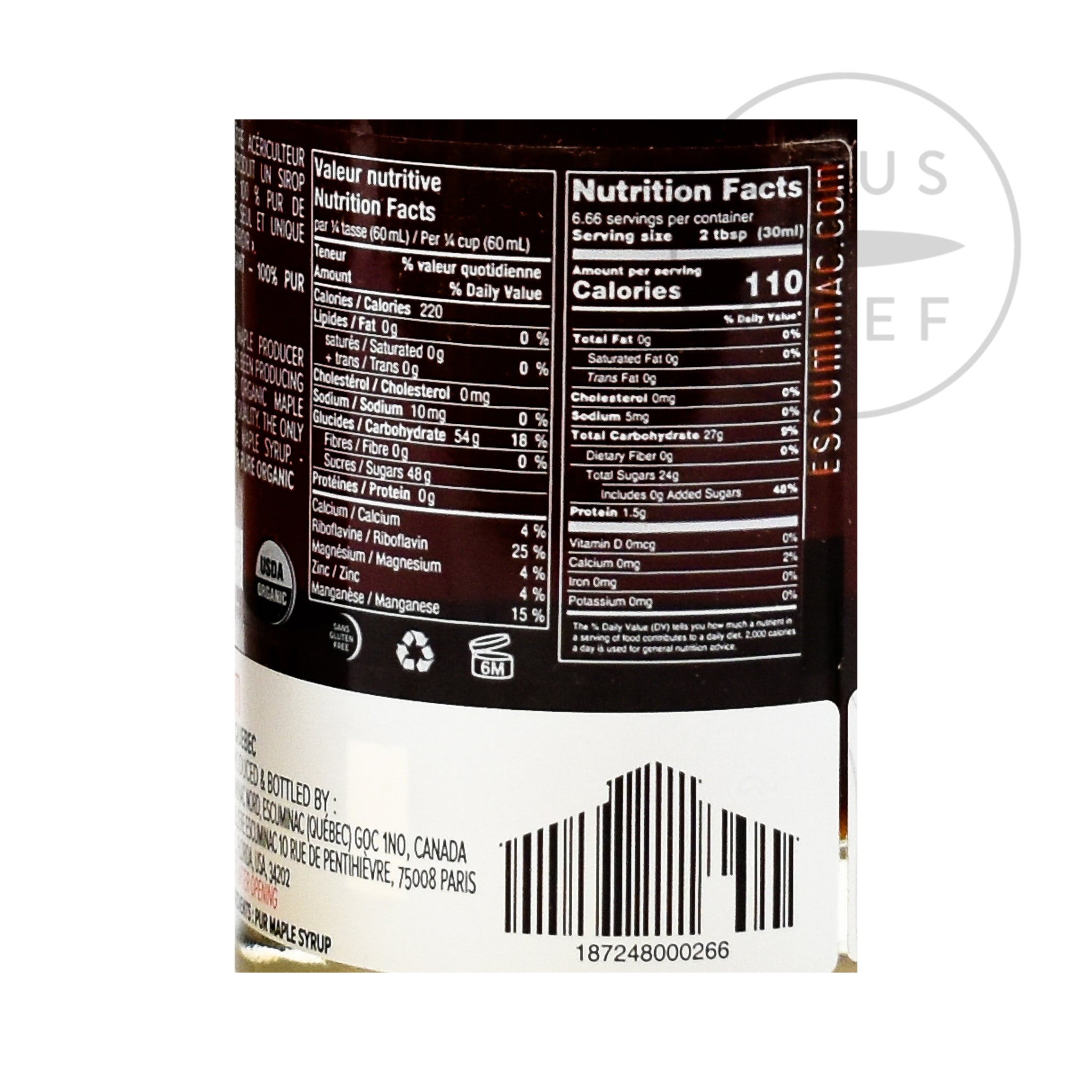 Escuminac Late Harvest Amber Maple Syrup 200ml nutritional information ingredients