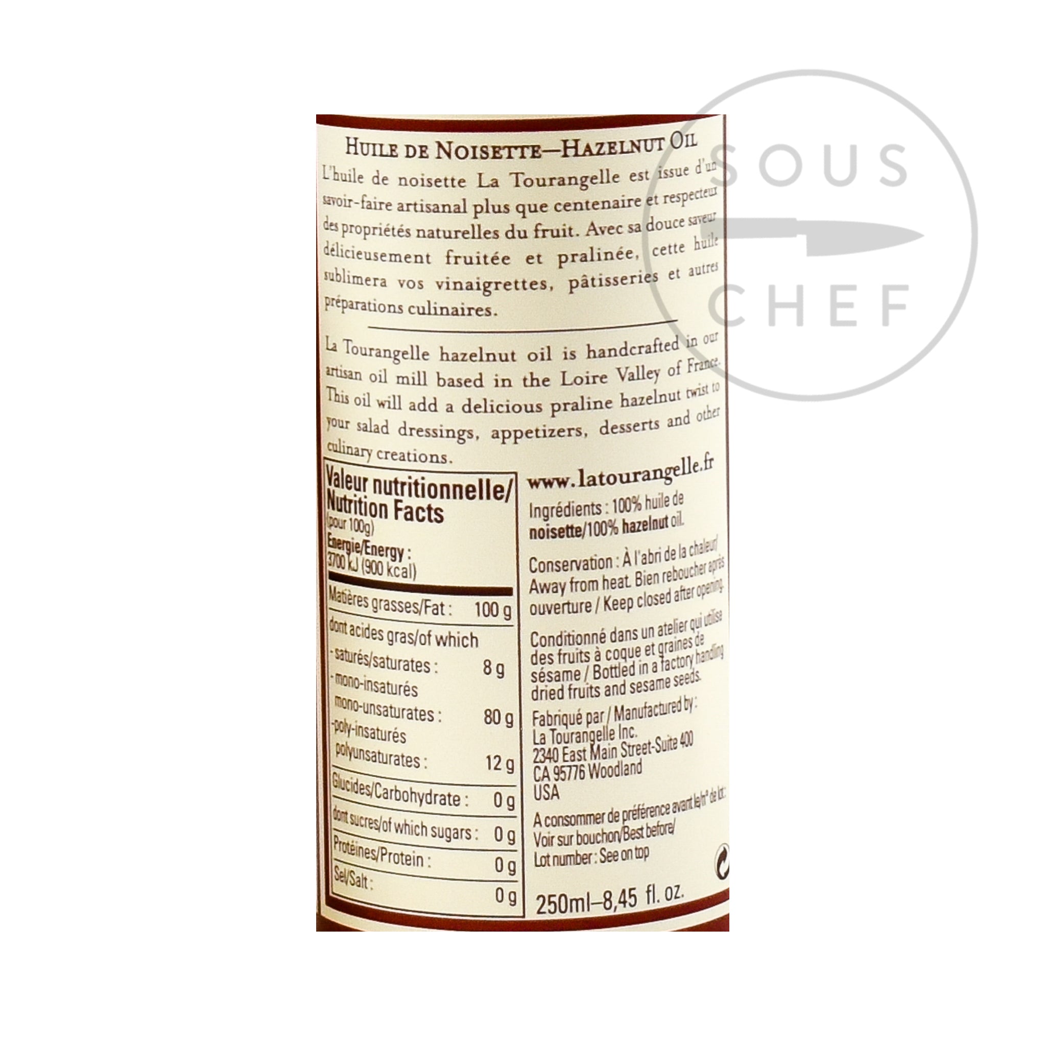 Hazelnut Oil 250ml nutritional information ingredients
