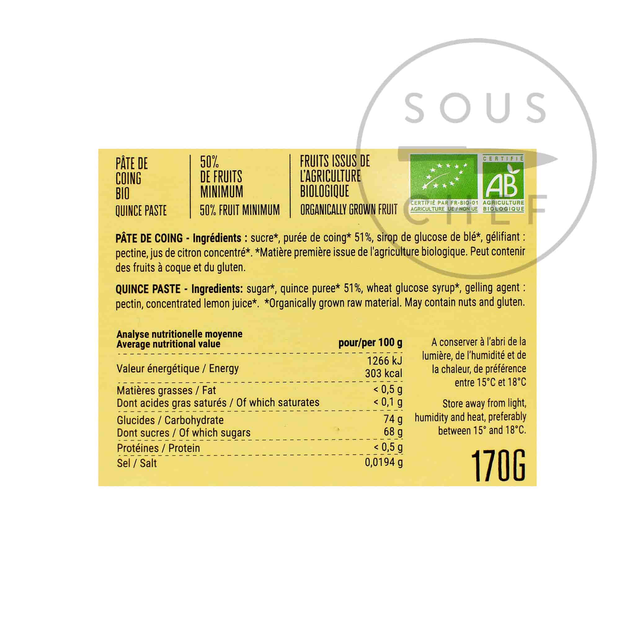 Francois Doucet Organic Quince Paste 170g back of pack