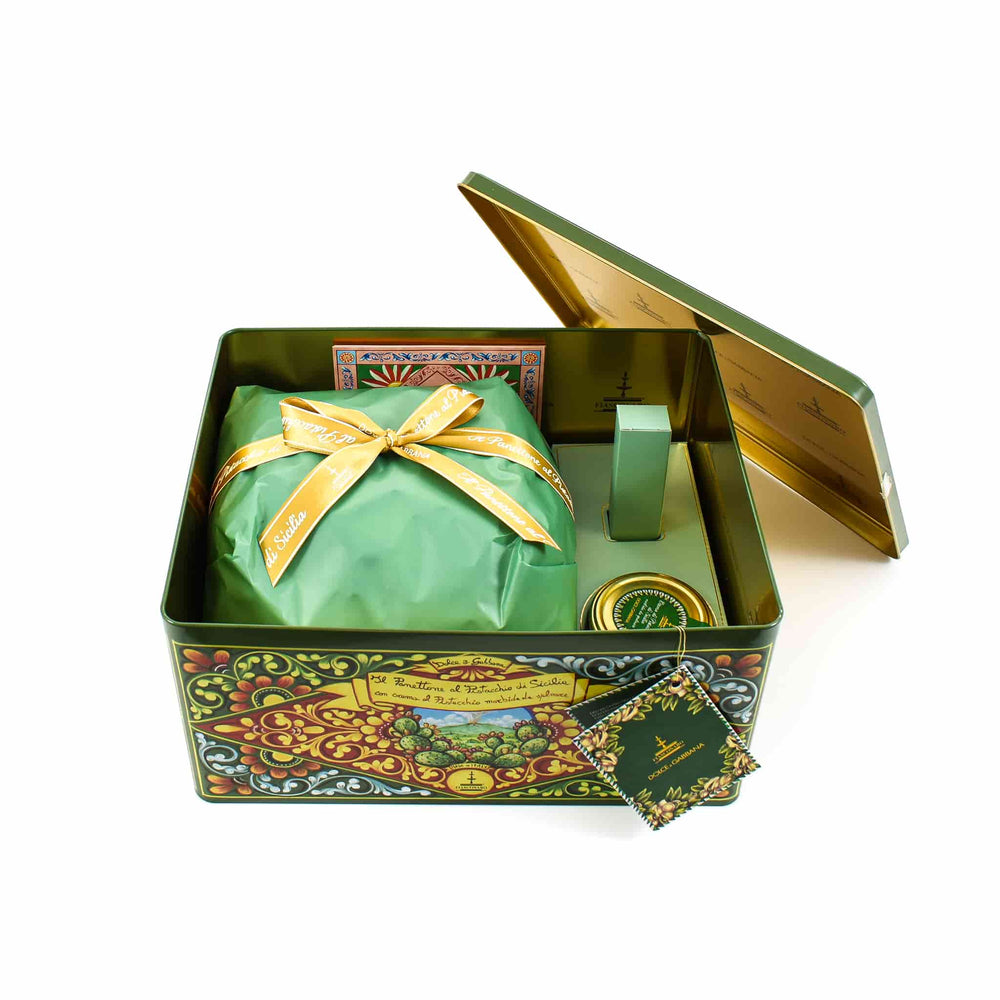 Fiasconaro x Dolce & Gabbana Pistachio Panettone with Pistachio Cream 1kg green tin open