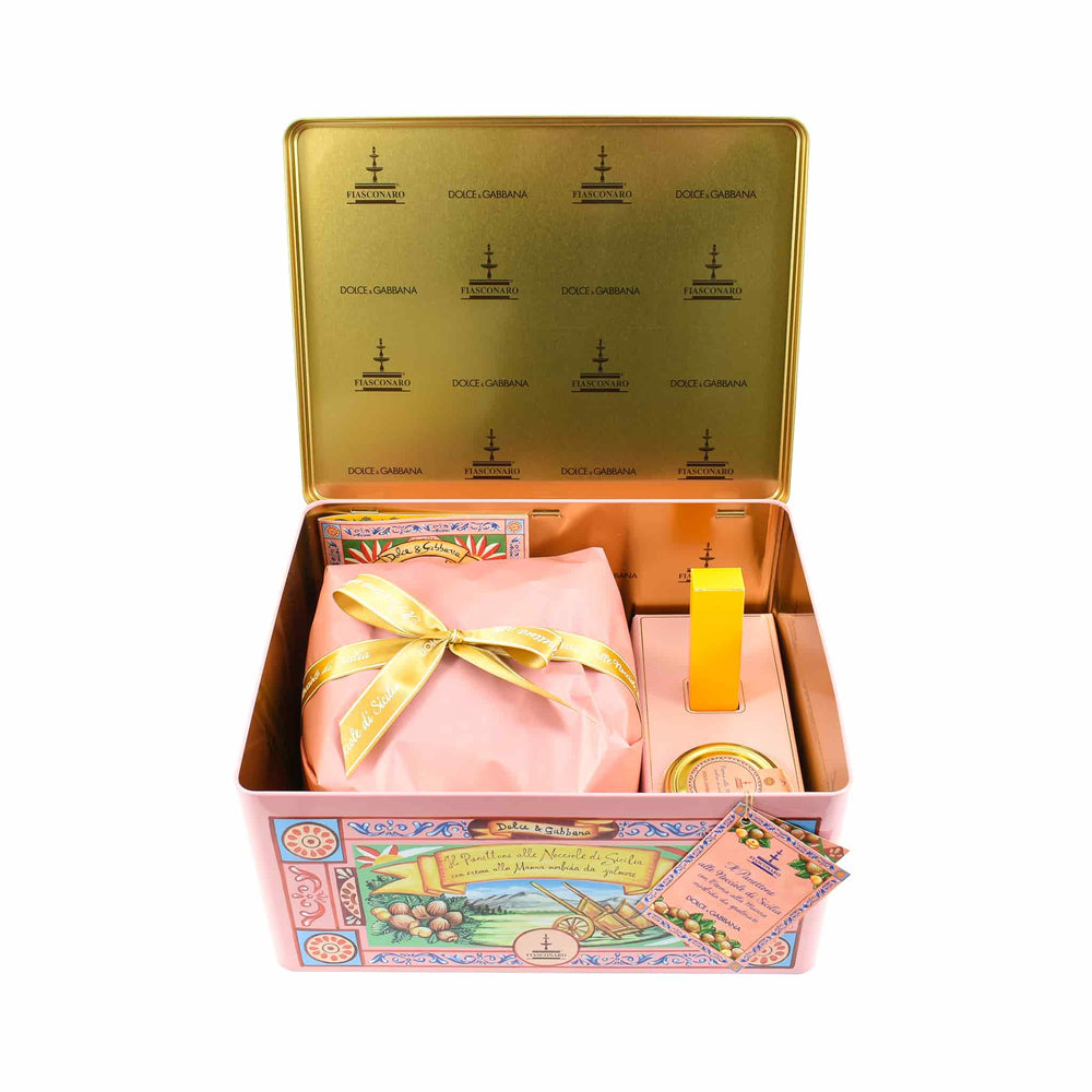 Fiasconaro x Dolce & Gabbana Hazelnut Panettone with Manna Cream 1kg tin open