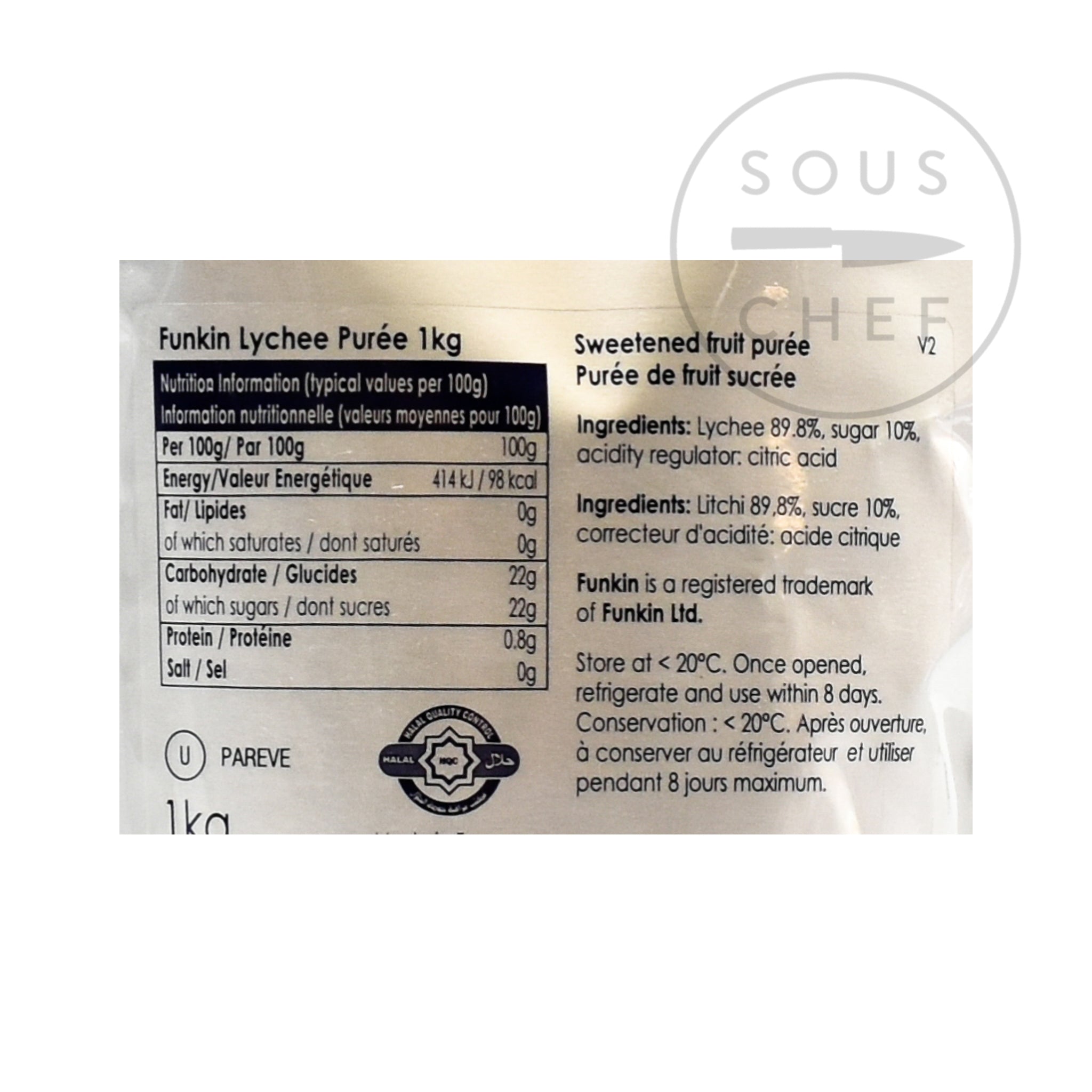 Funkin Lychee Puree 1kg nutritional information ingredients