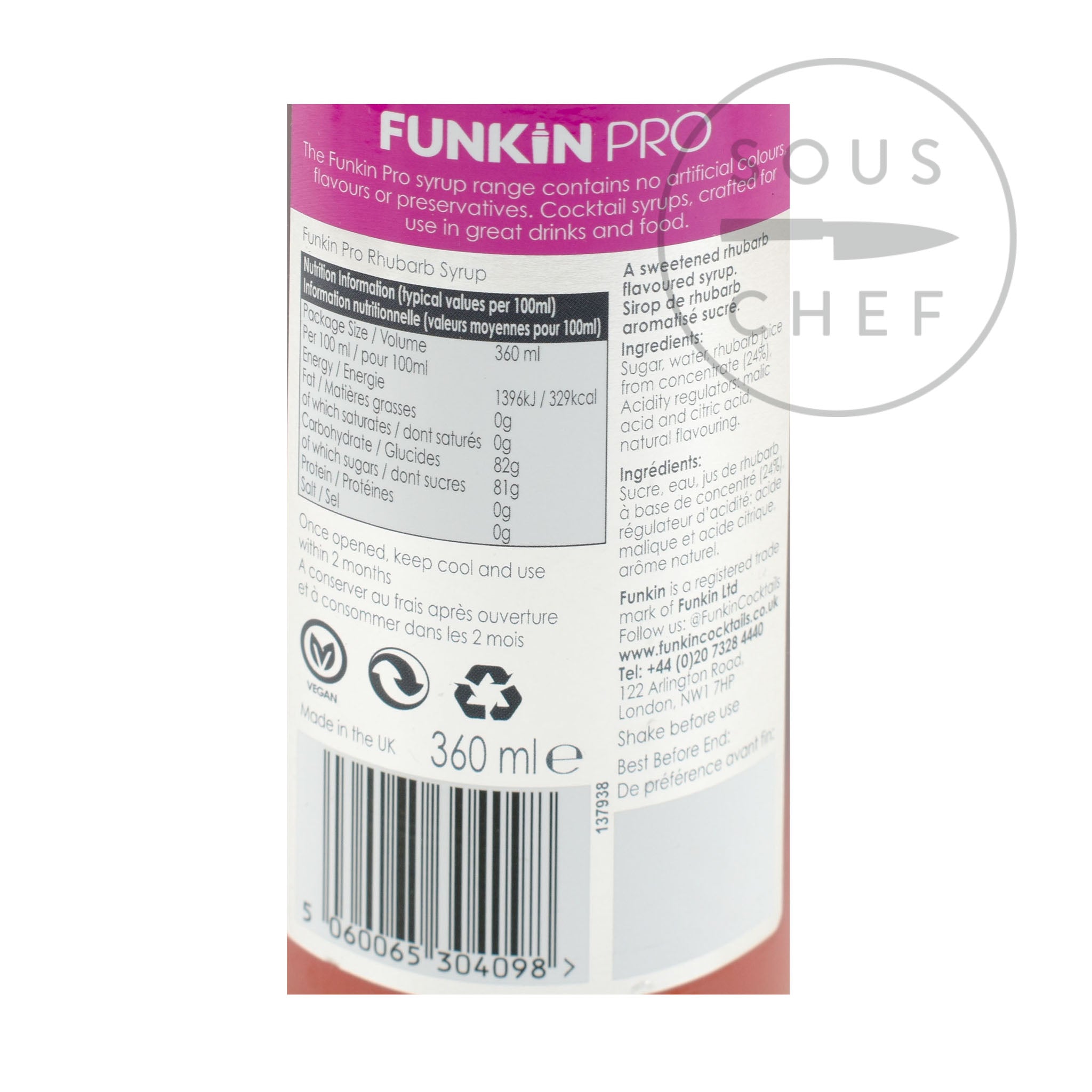 Funkin Rhubarb Syrup 360ml nutritional information ingredients