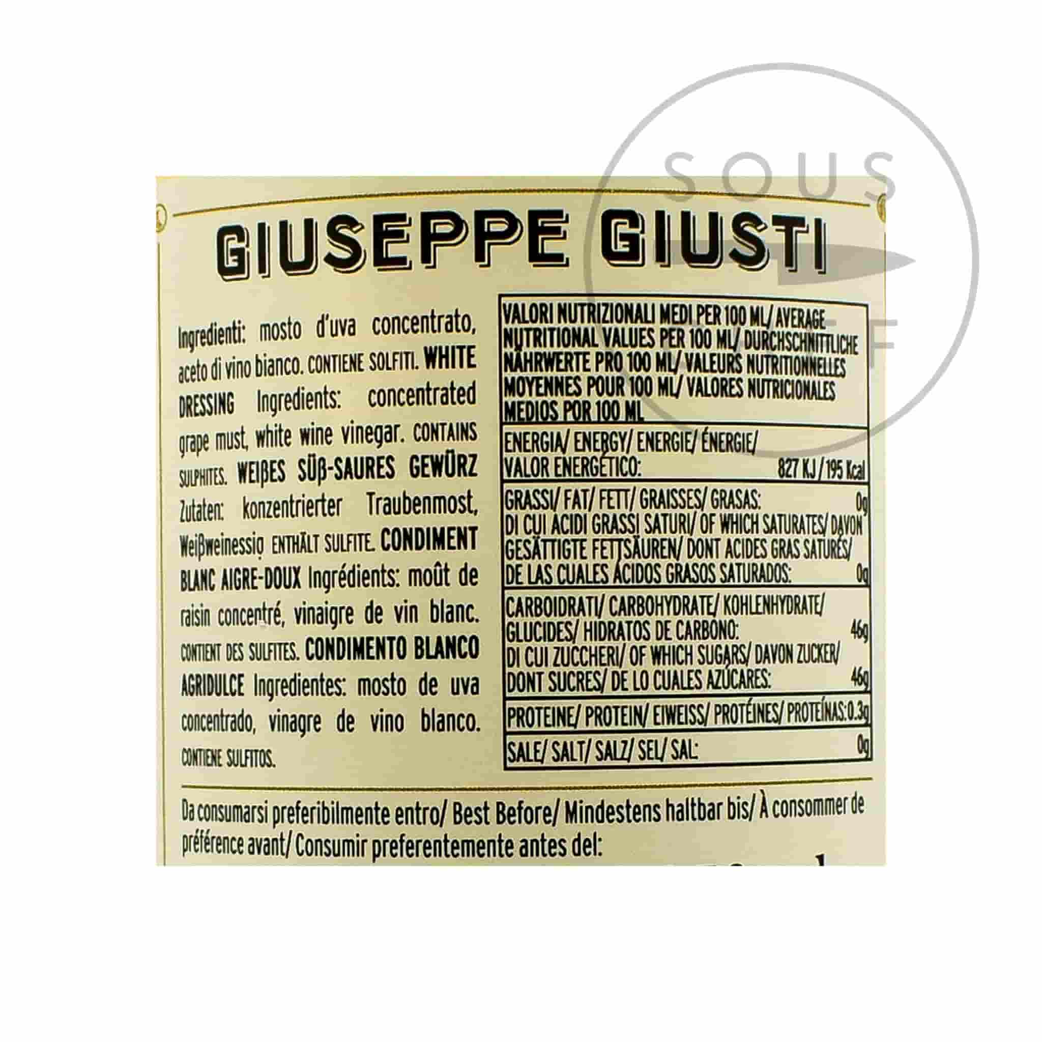 Giuseppe Giusti Sweet & Sour White Balsamic Condiment 5 Year Aged 250ml back of pack