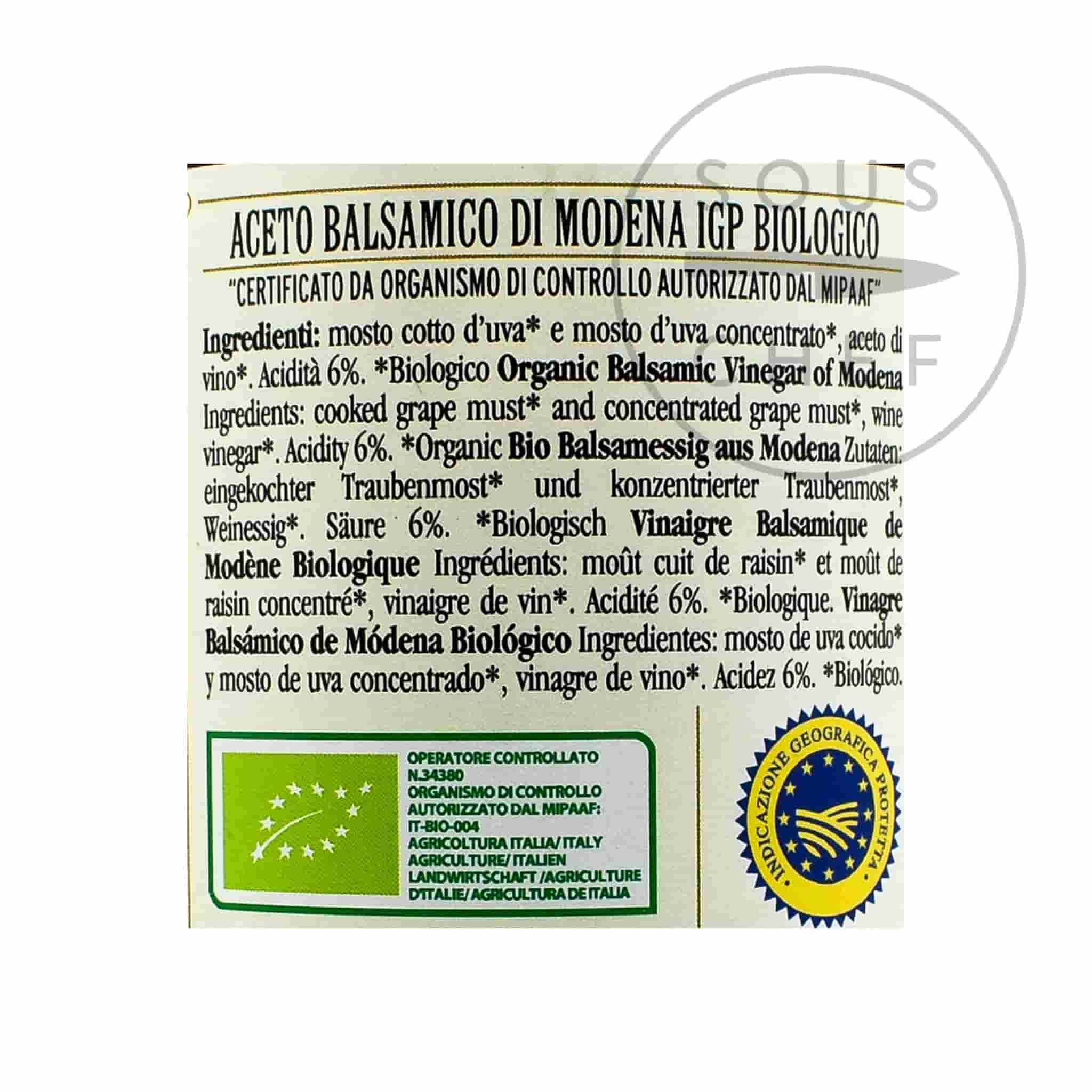 Giuseppe Giusti Organic Balsamic Vinegar 6 Year Aged 250ml back of pack