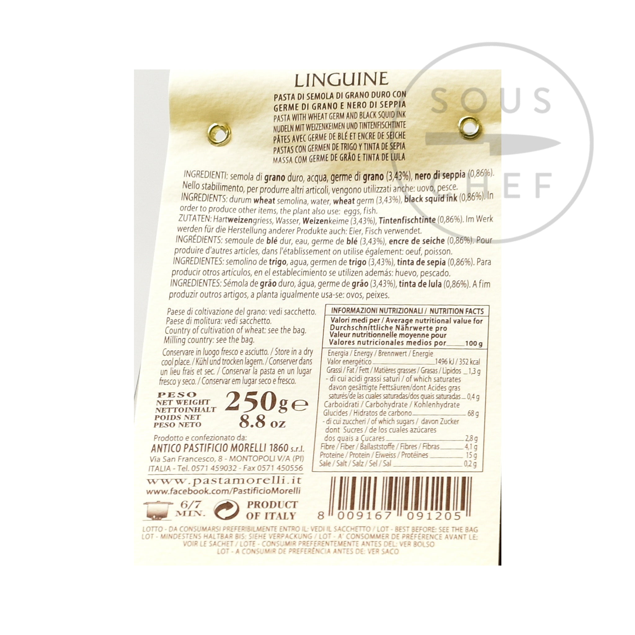 Morelli Squid ink Linguine 250g nutritional information ingredients