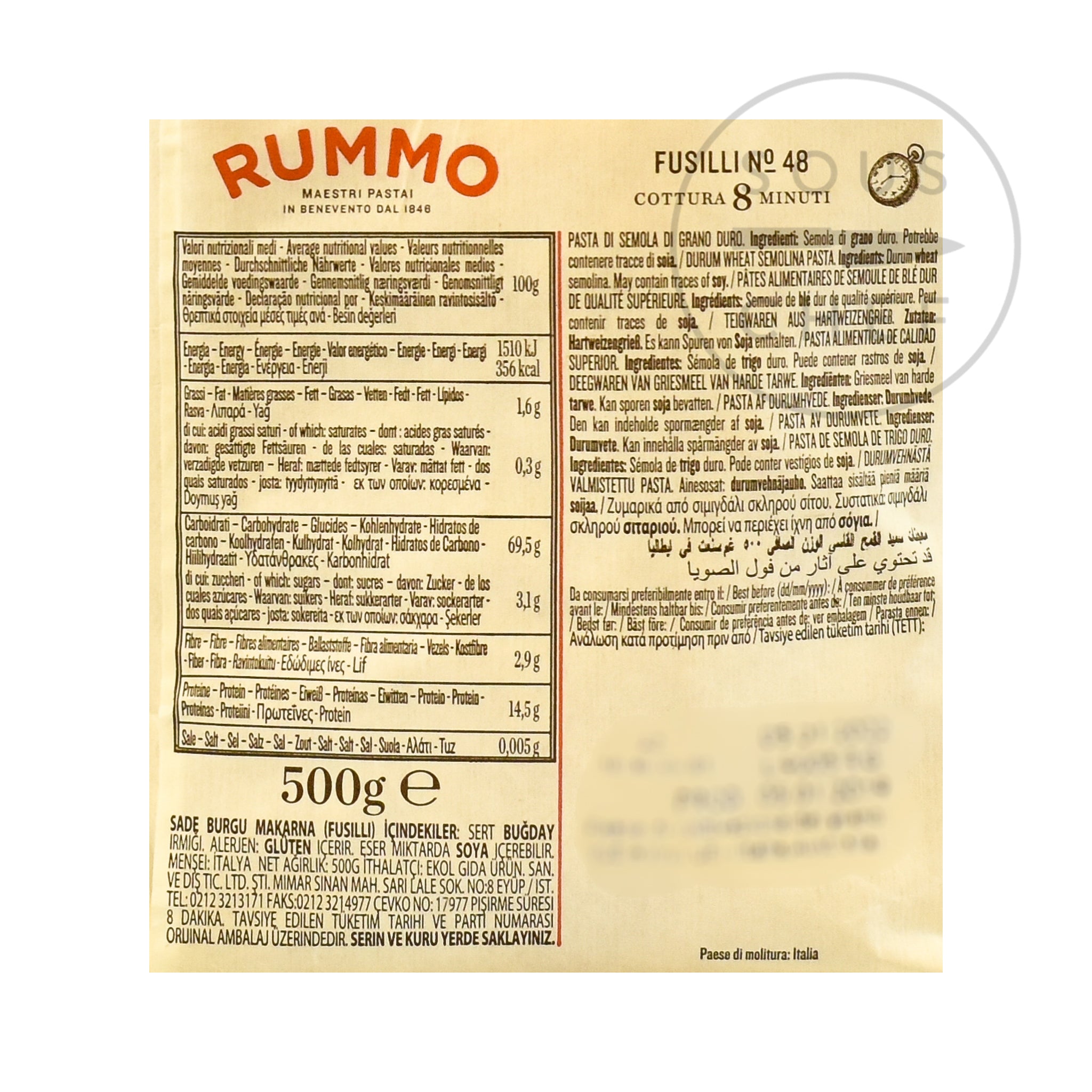 Rummo Fusilli 500g nutritional information ingredients